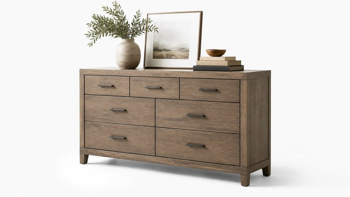 Modern wooden bedroom dresser with mirror on a white background