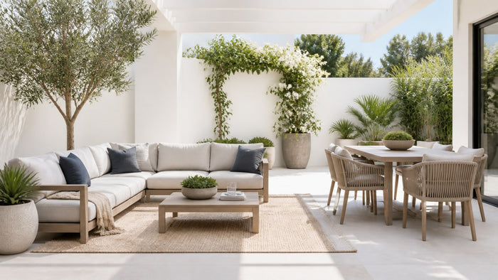 Bright, modern outdoor patio furniture set including sectional sofa and dining table on a white patio background