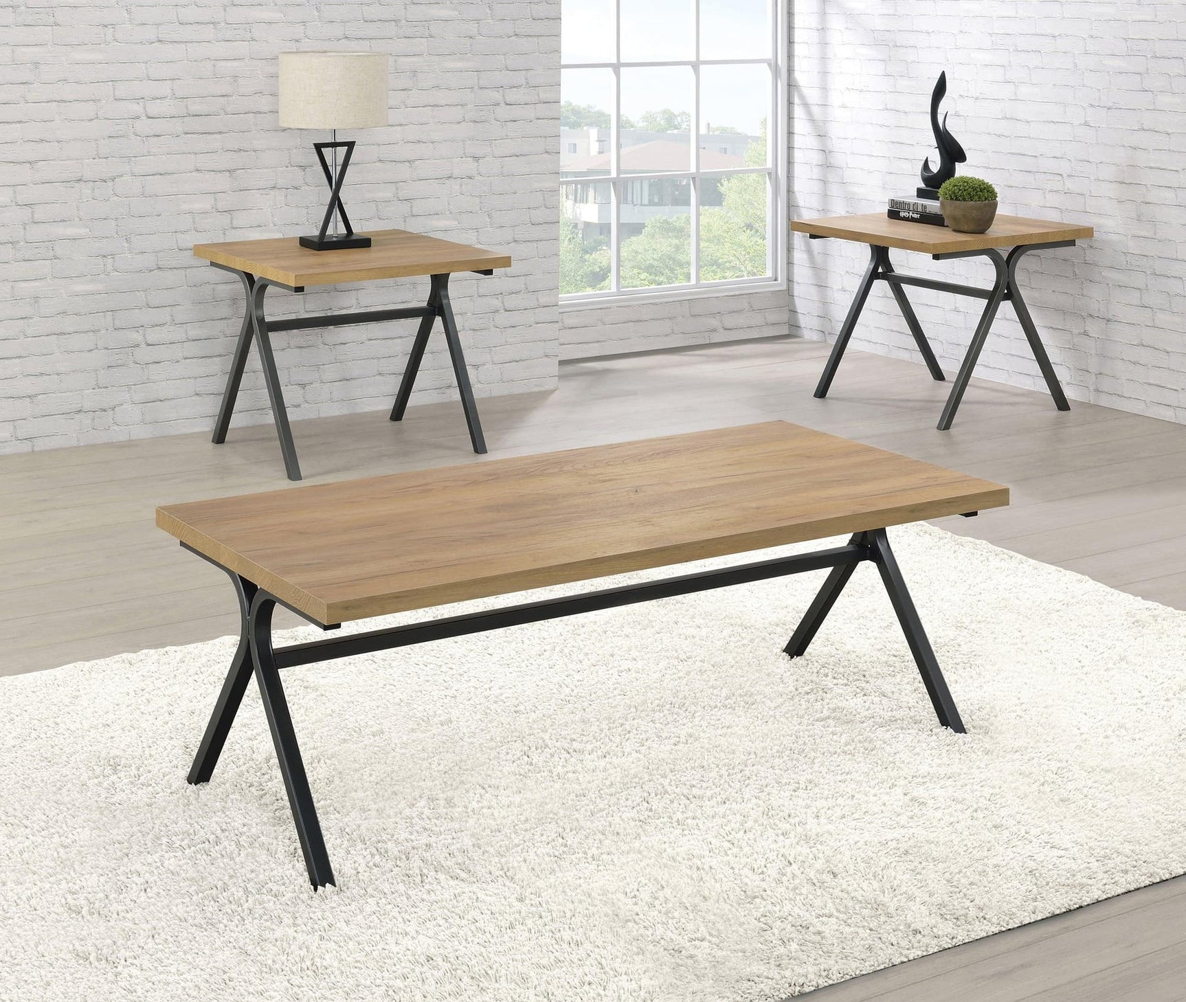 Colmar 3-piece trestle occasional table set, front view showing coffee and end tables
