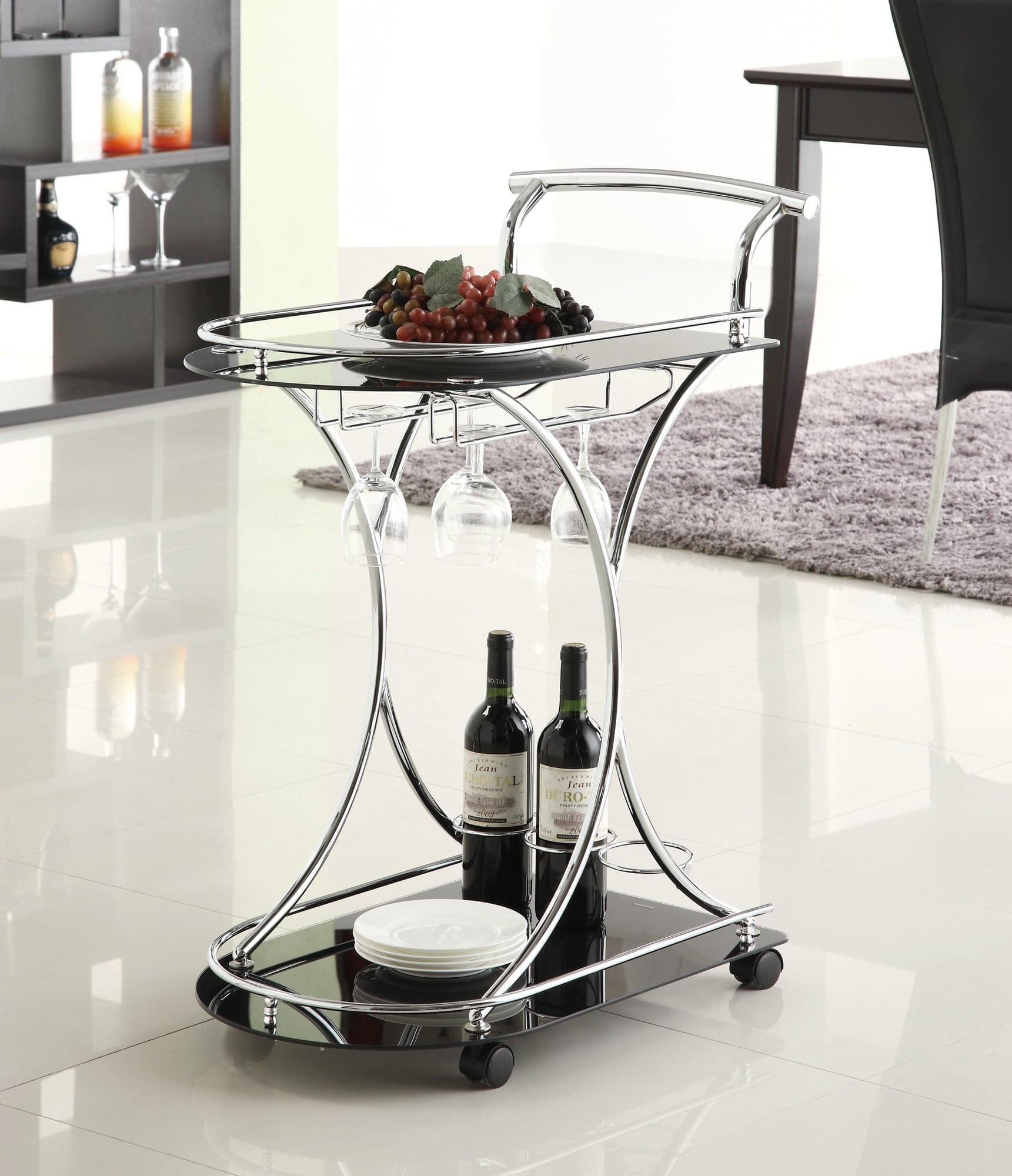 Elfman 2-Shelf Chrome and Black Serving Cart front view showing glass shelves and chrome frame