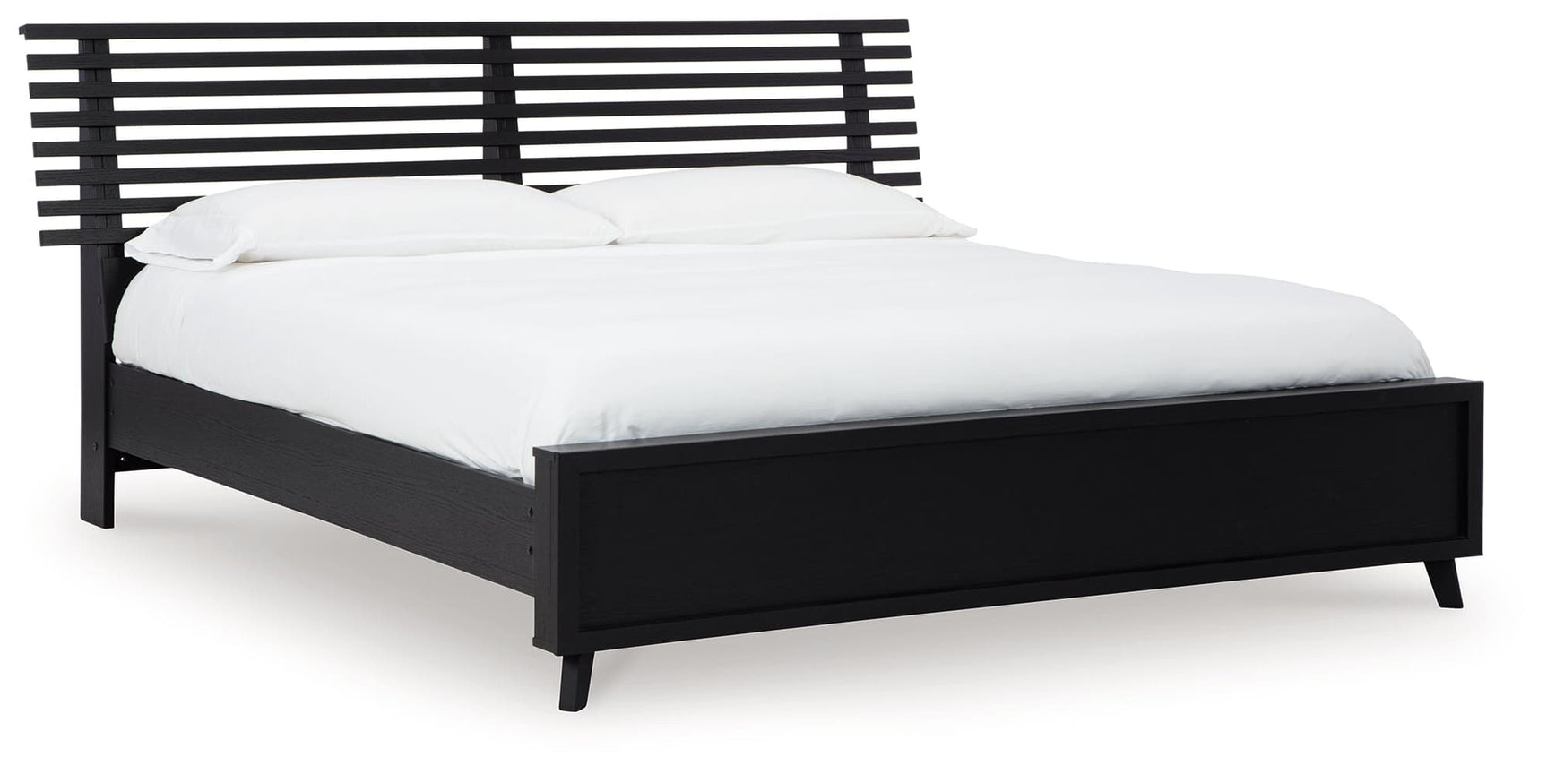 Danziar Black Queen Slat Panel Bed, angled view showing headboard and footboard