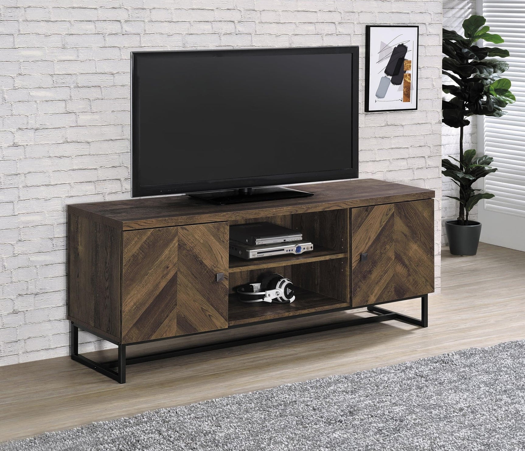 Myles 2-Door TV Console rustic oak herringbone front view