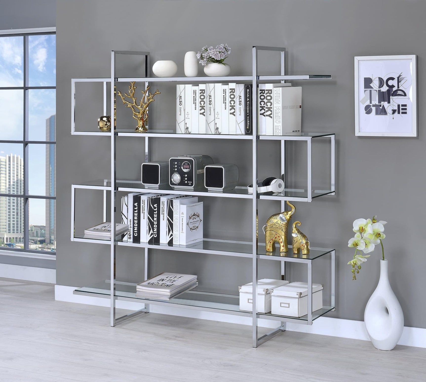 Sema 5-Shelf chrome frame glass bookcase angled front view