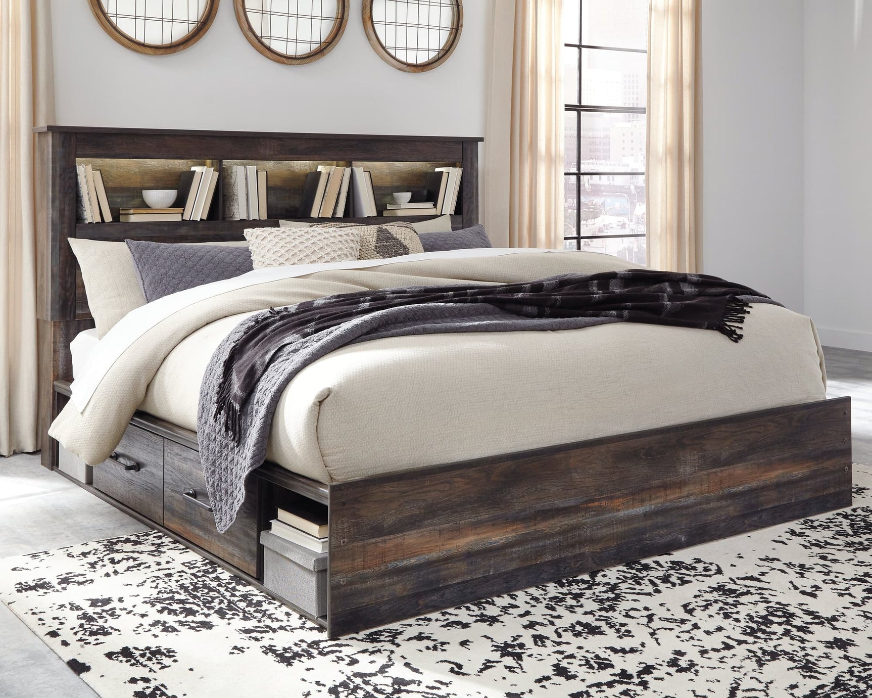 Drystan Multi King Bookcase Bed front view with drawers and headboard