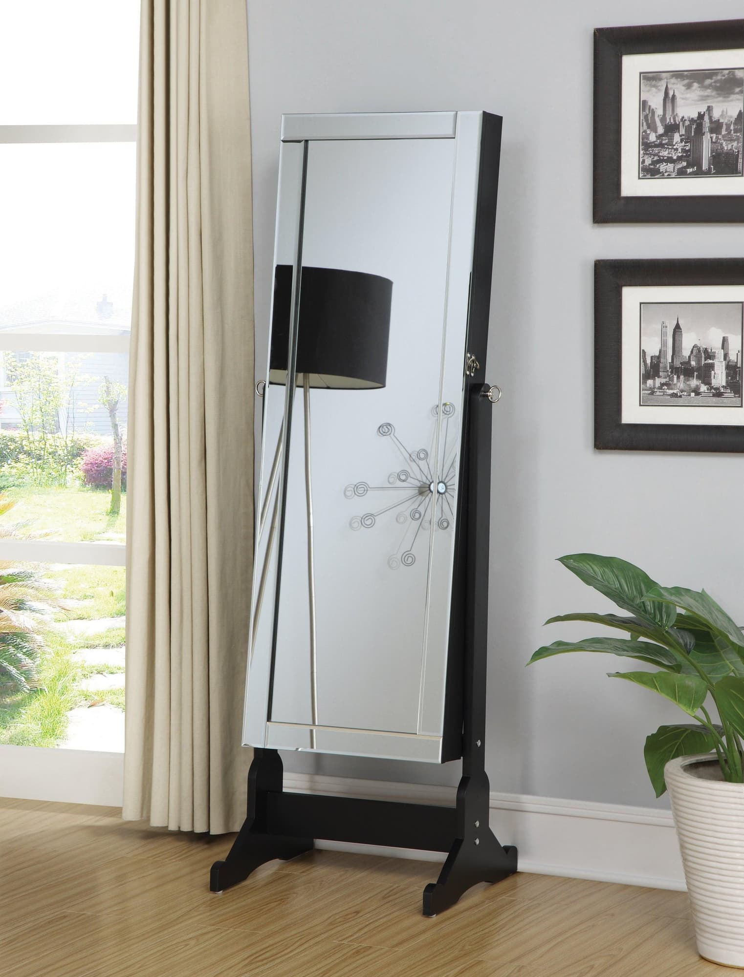Cortez Black Jewelry Storage Cheval Mirror angled front view
