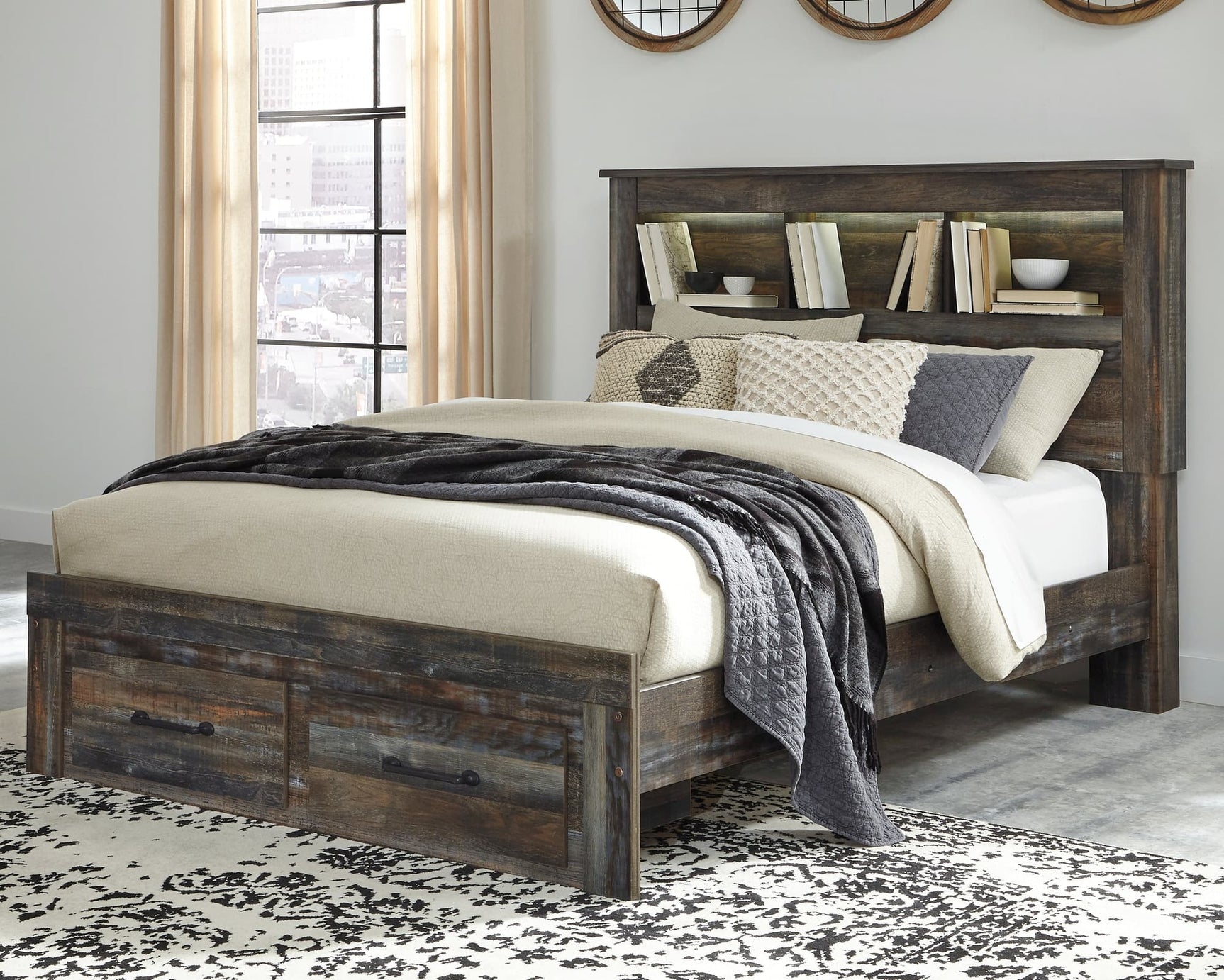 Drystan Multi Queen Bookcase Bed Front View with Storage Drawers