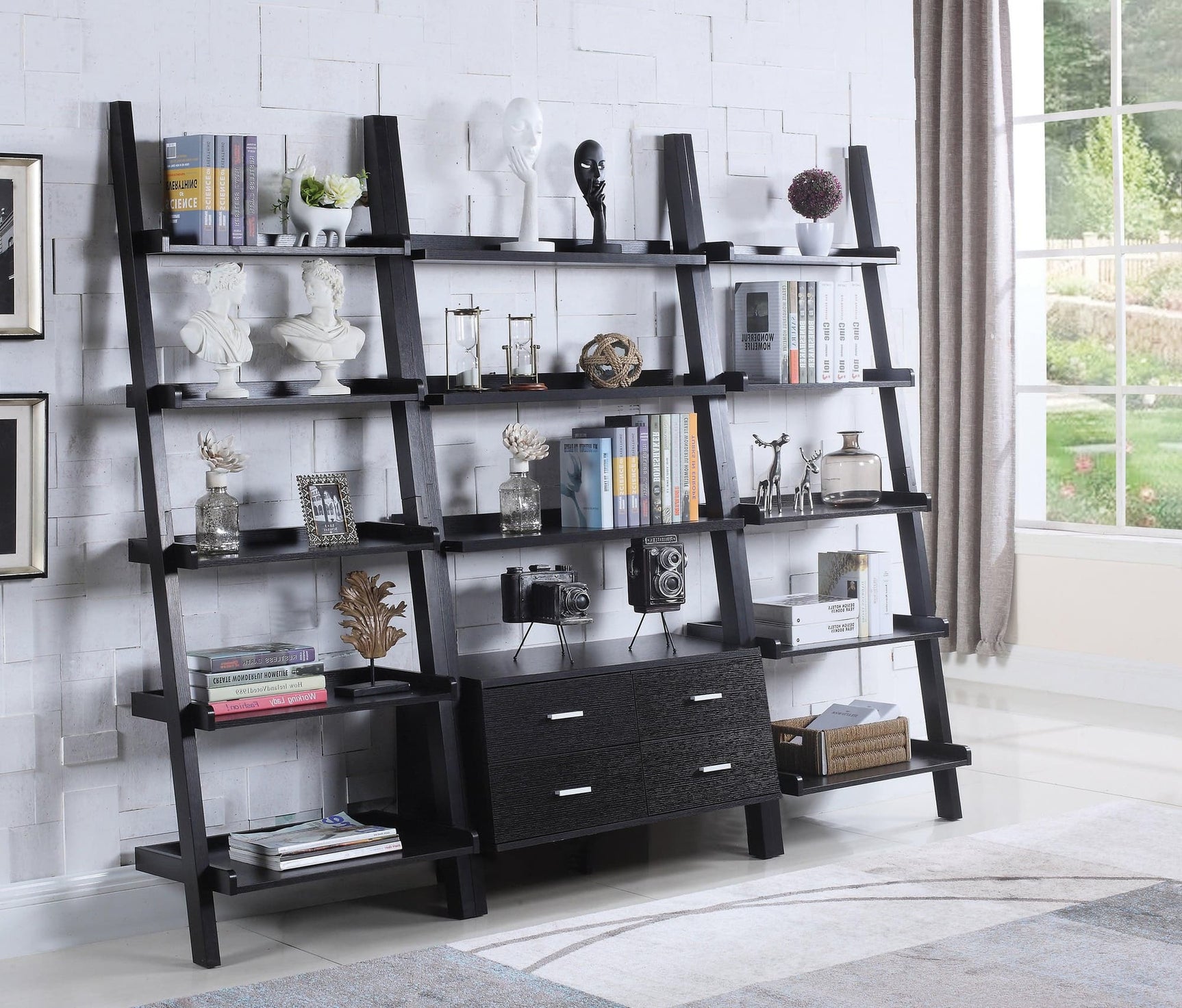 Front view of Colella 4-Drawer Ladder Bookcase in cappuccino