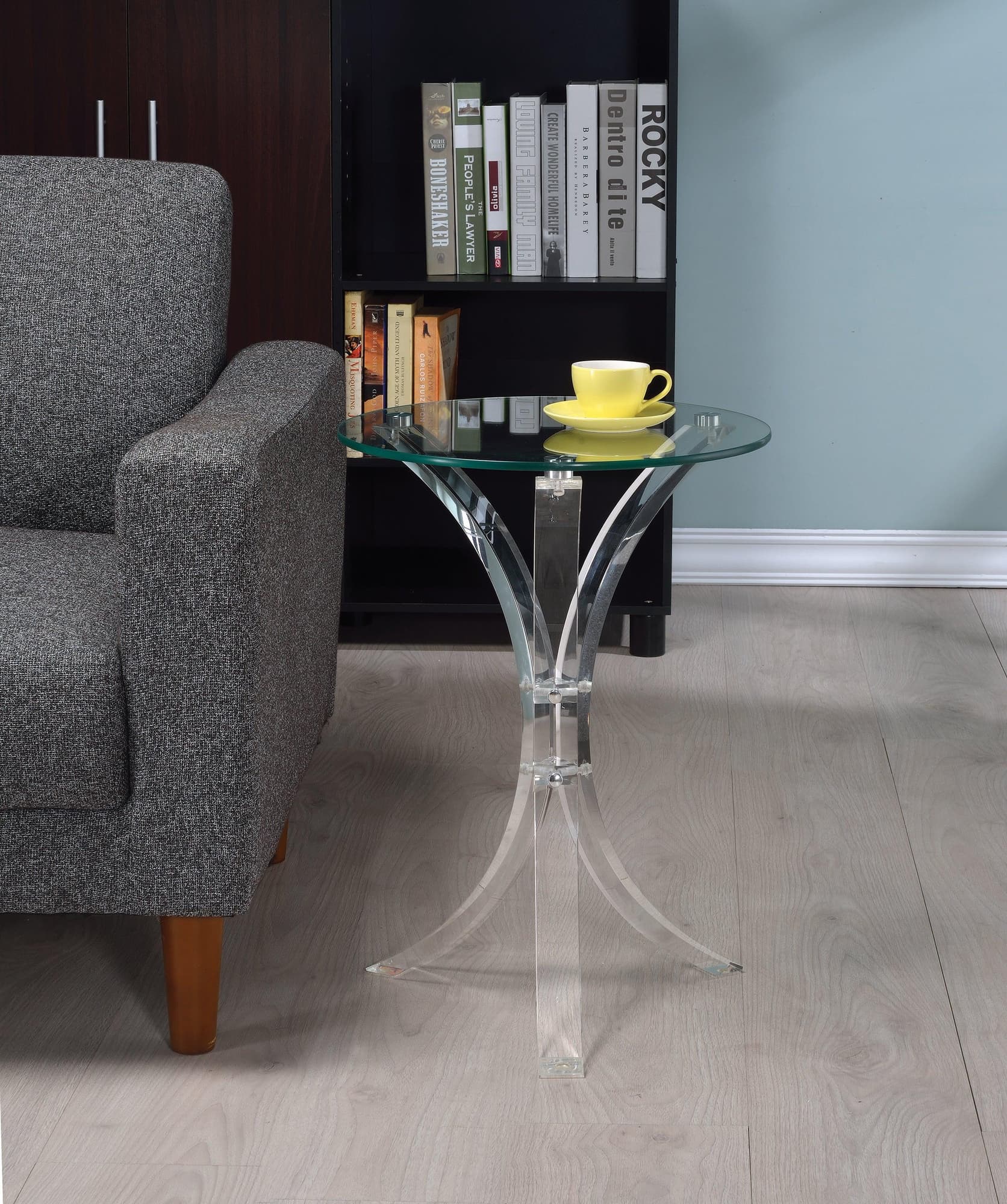 Front view of Emmett Clear Round Accent Table with glass top