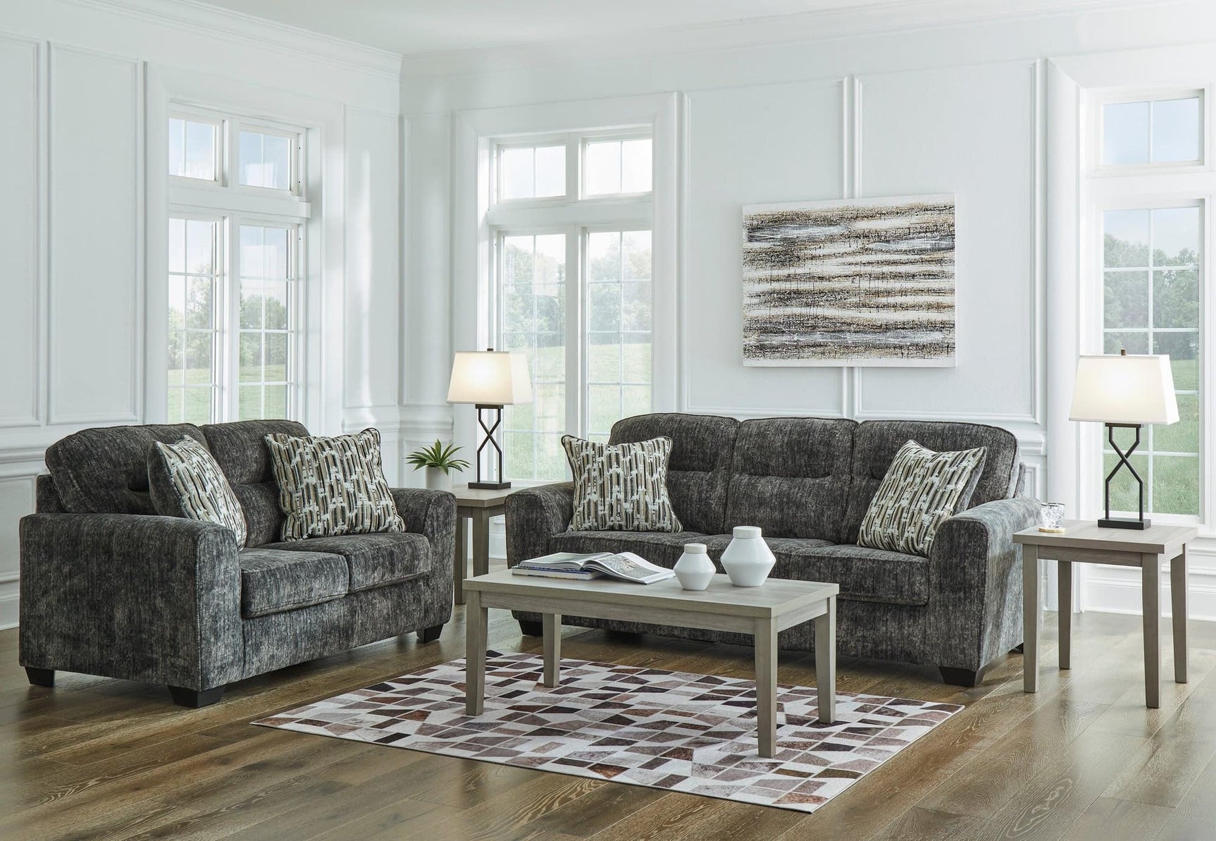 Ashley 505-04 Sofa and Loveseat set main view in gunmetal upholstery