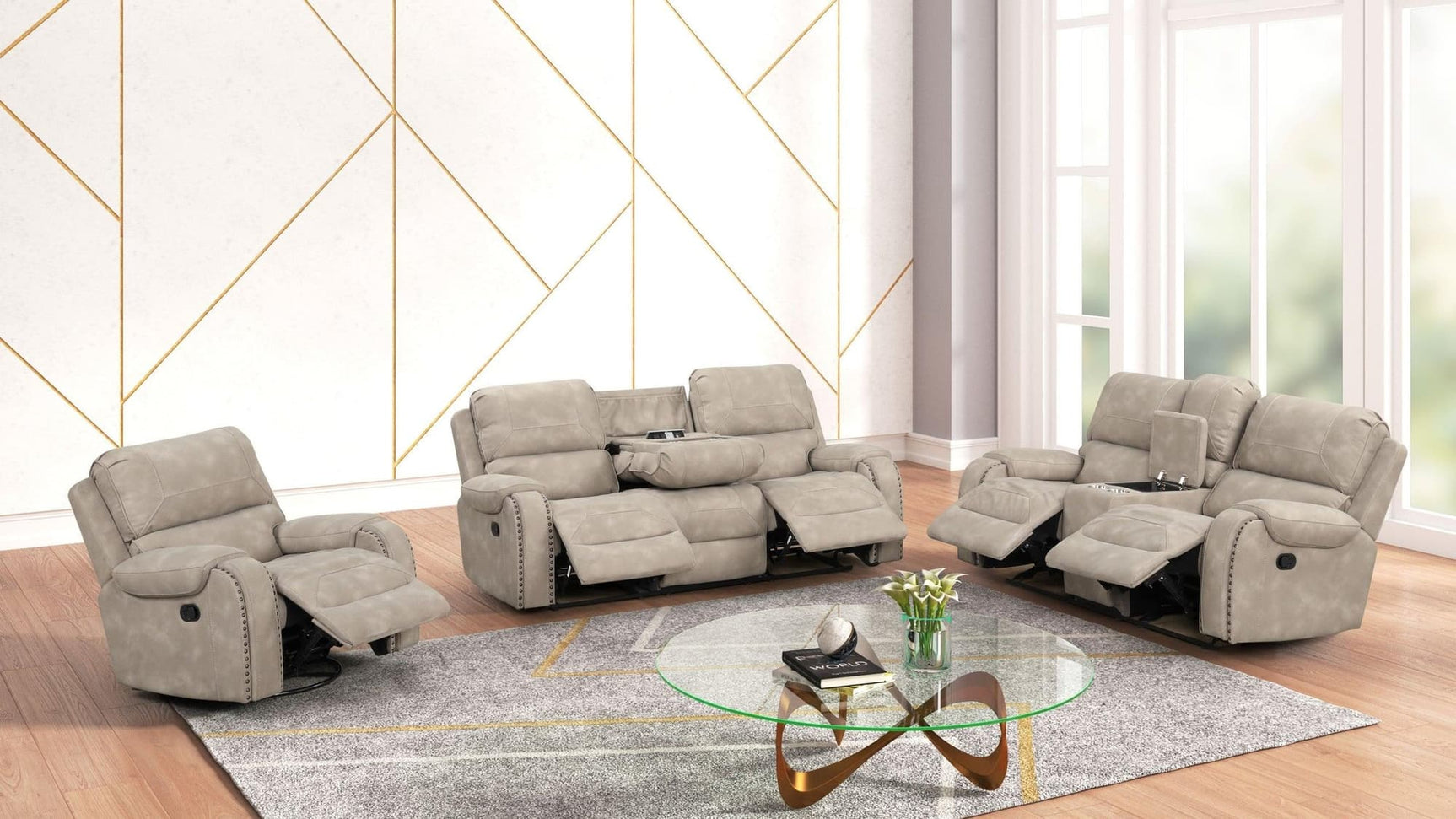 Titan Stone sofa with drop-down table and USB charging ports, front view