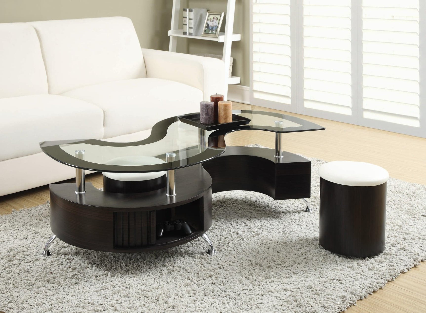 Buckley coffee table with glass top and chrome accents, front view