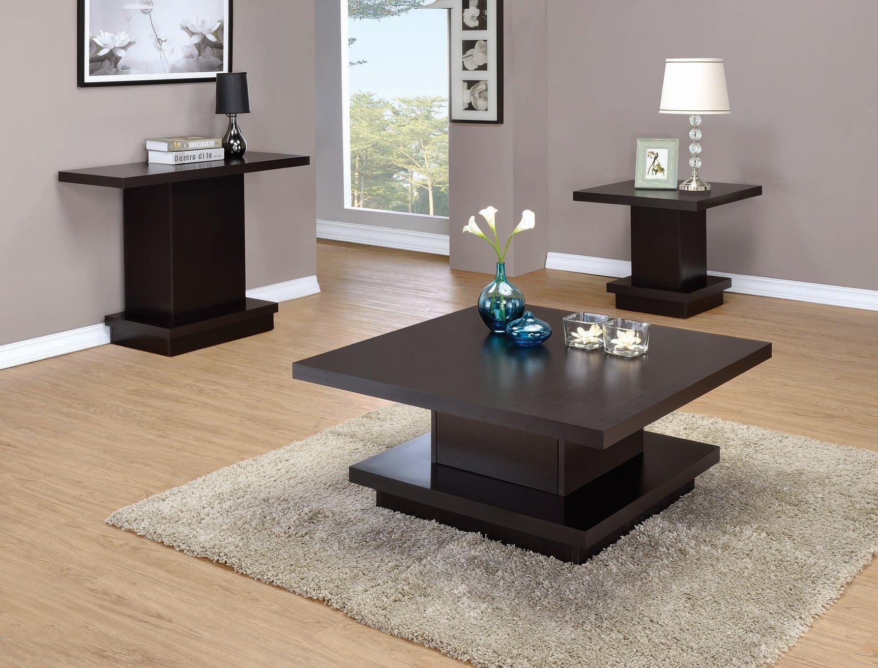 Reston Pedestal Square End Table cappuccino finish front angle