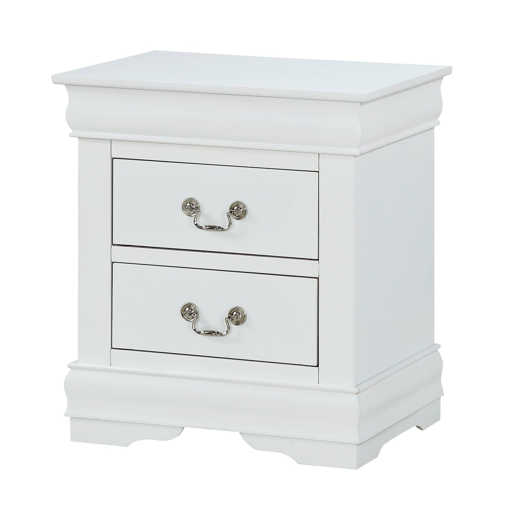 Louis Philip white nightstand with two pewter bail drawers, front angle