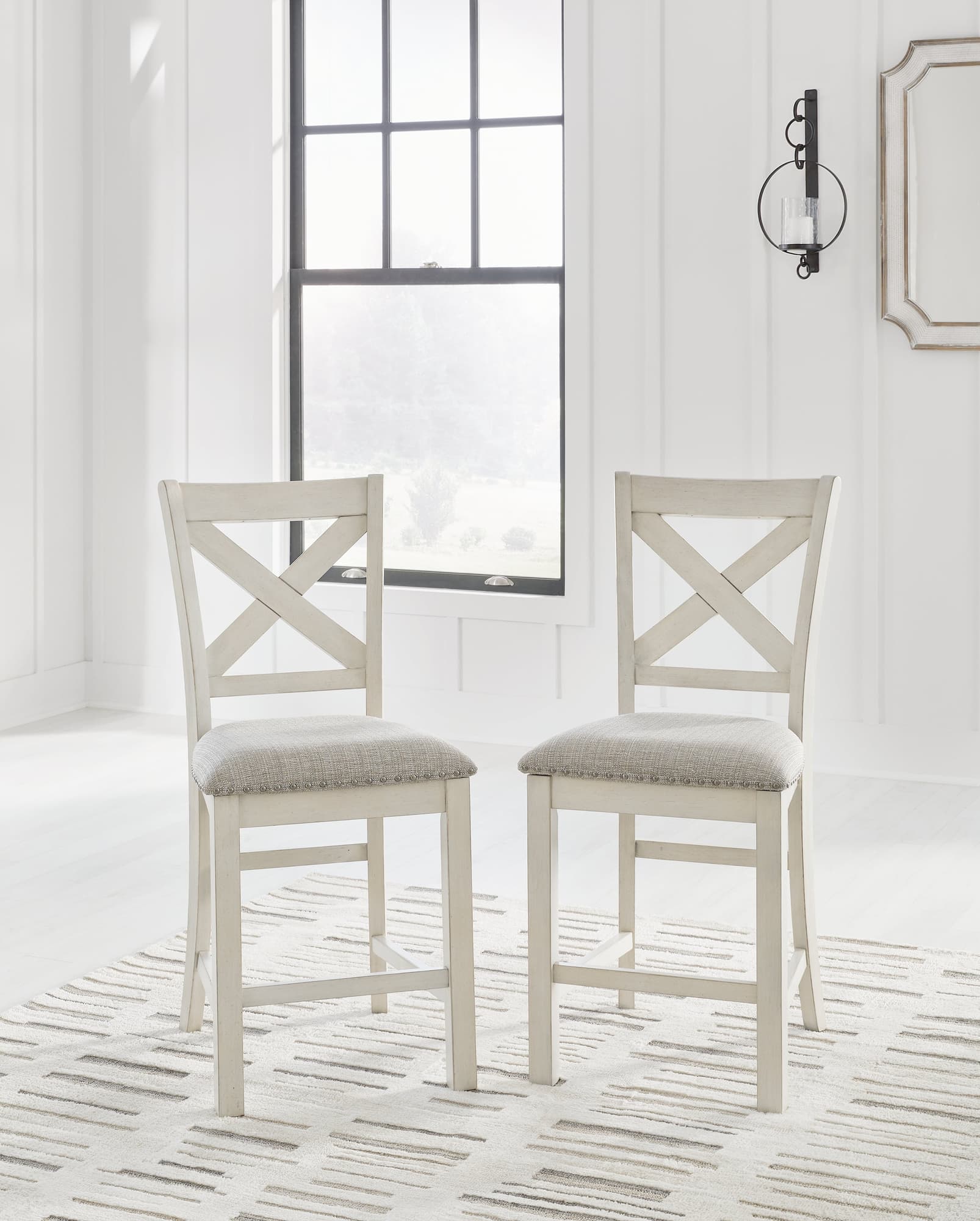 Robbinsdale Antique White Upholstered Counter Height Barstool front angle