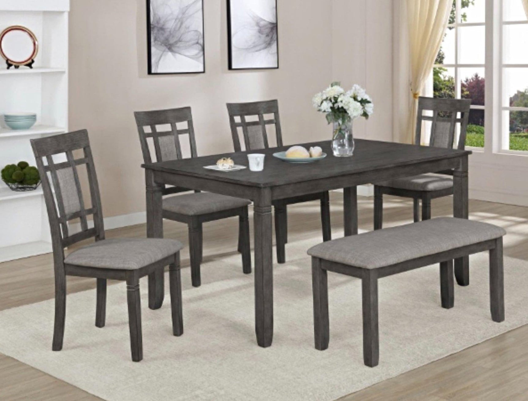 Douma Gray Dining Room Set with table, 4 chairs, and bench
