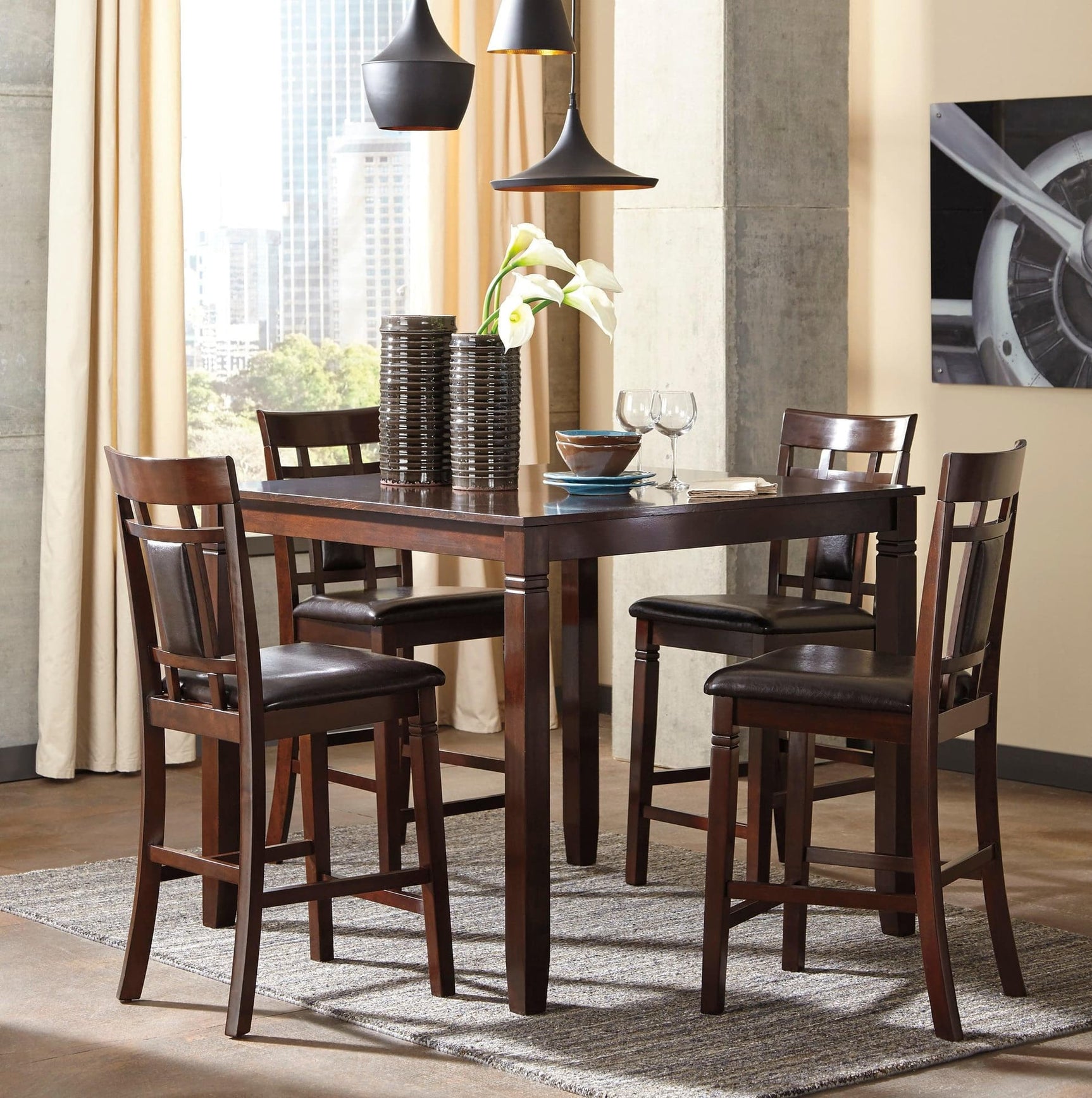 Diana Cappuccino counter height dining set front angle view showing table and four chairs