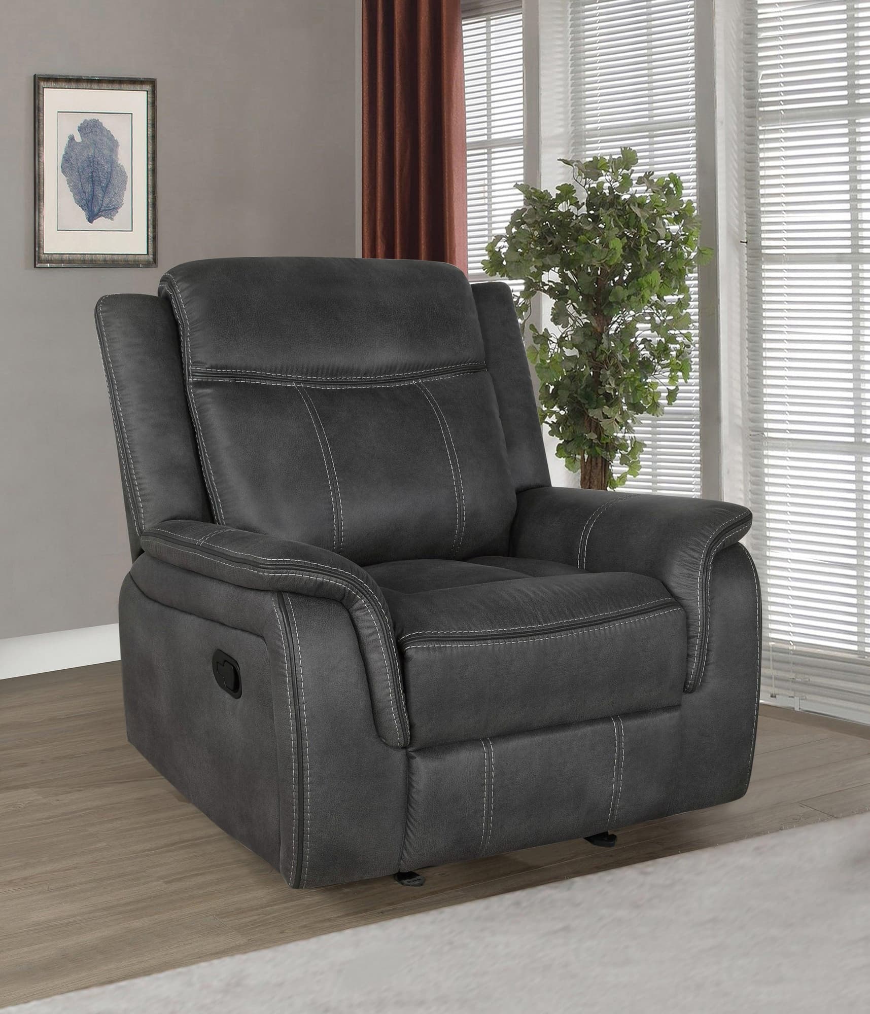 Lawrence Charcoal Grey Upholstered Tufted Back Glider Recliner front view