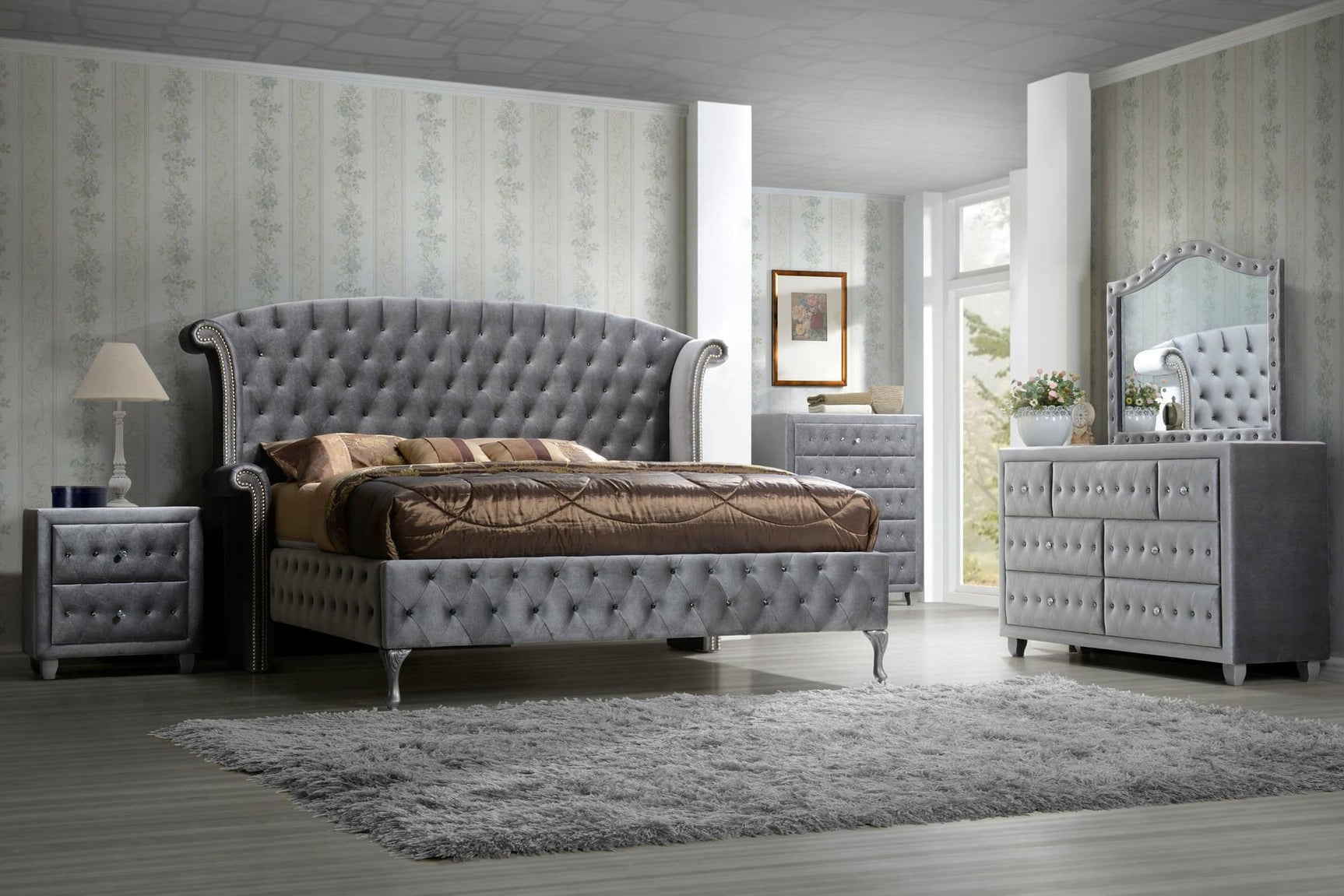 Diamond Palace gray velvet upholstered tufted wingback panel king bed main view