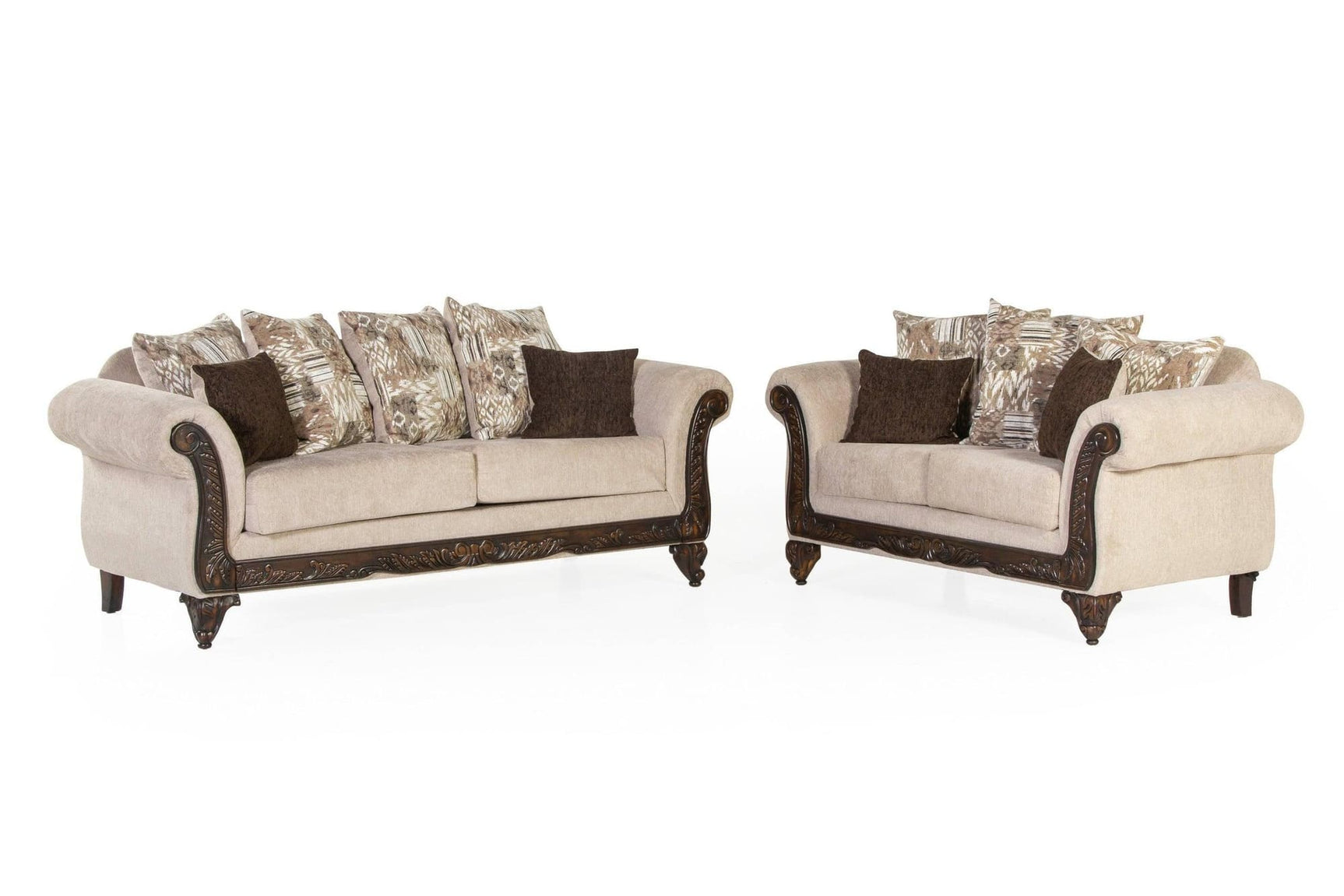 Cream chenille fabric upholstered sofa and loveseat set front view