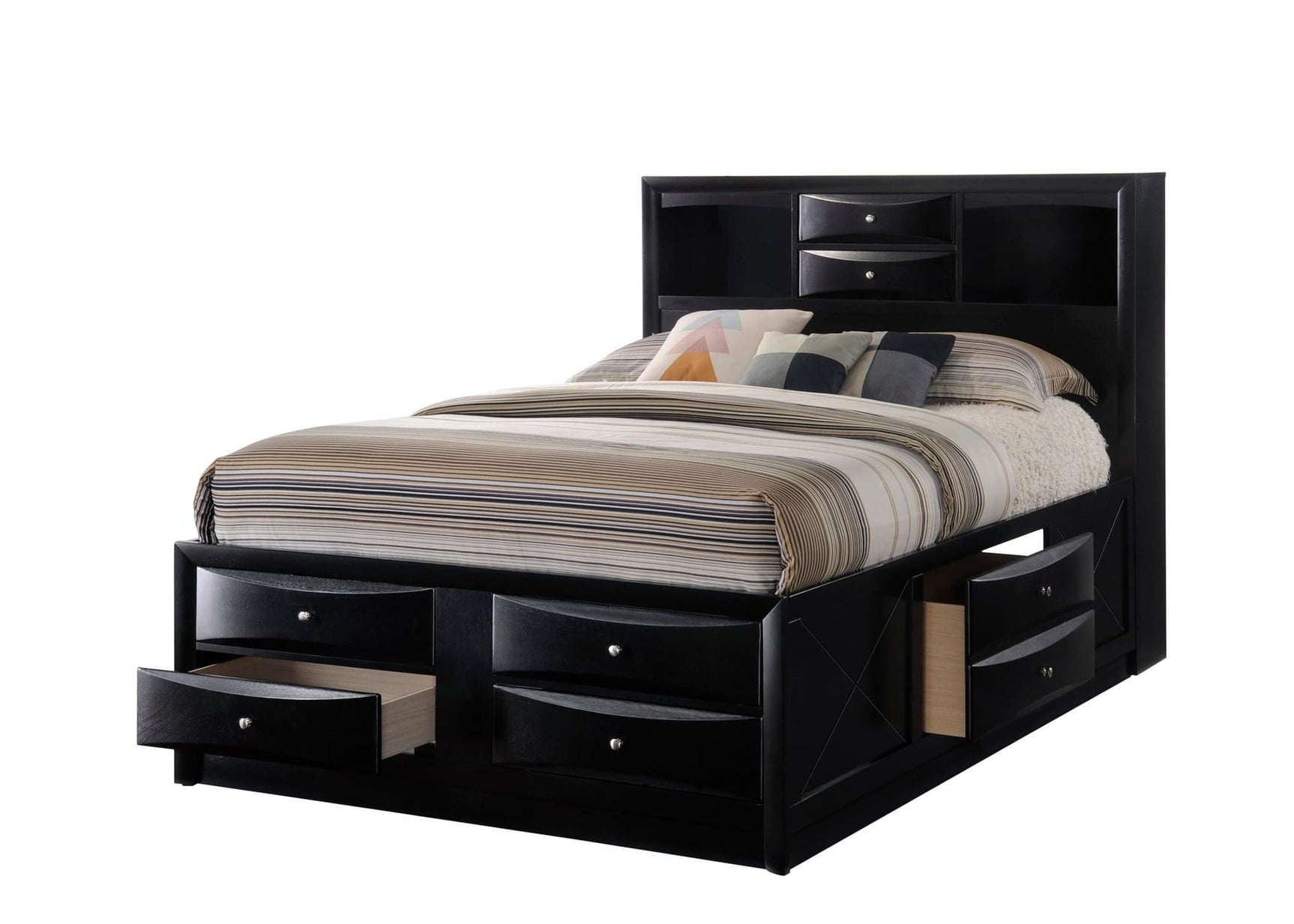 Emily Black queen platform bed angled front view with storage drawers