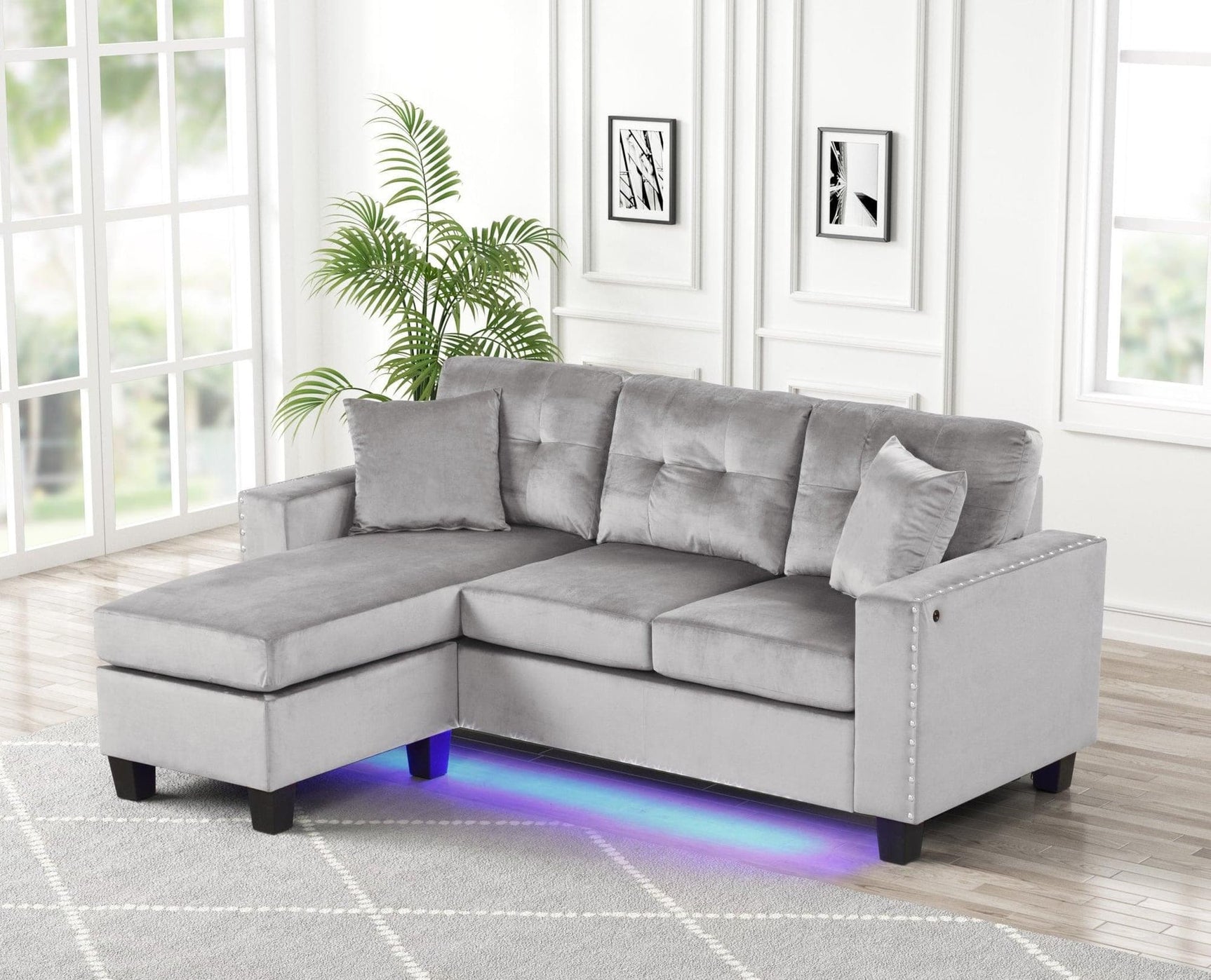 Messi grey velvet upholstered tufted reversible sectional sofa, front view