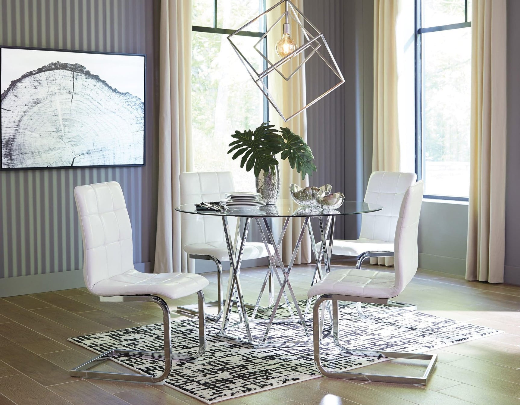 Madenere round dining set front view with glass top and chrome frame