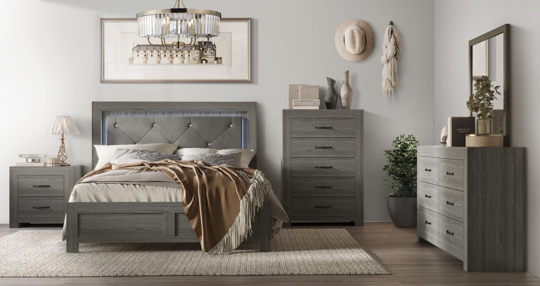 Moonlight Gray tufted velvet upholstered bed with LED lighting front view
