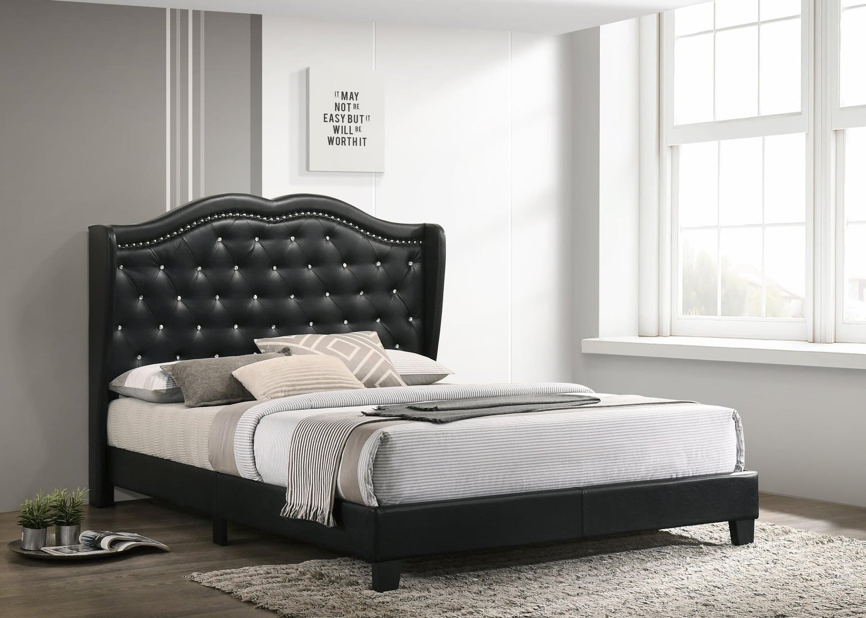 Paradise black faux leather tufted queen platform bed with diamond tufted headboard and silver nailhead trim