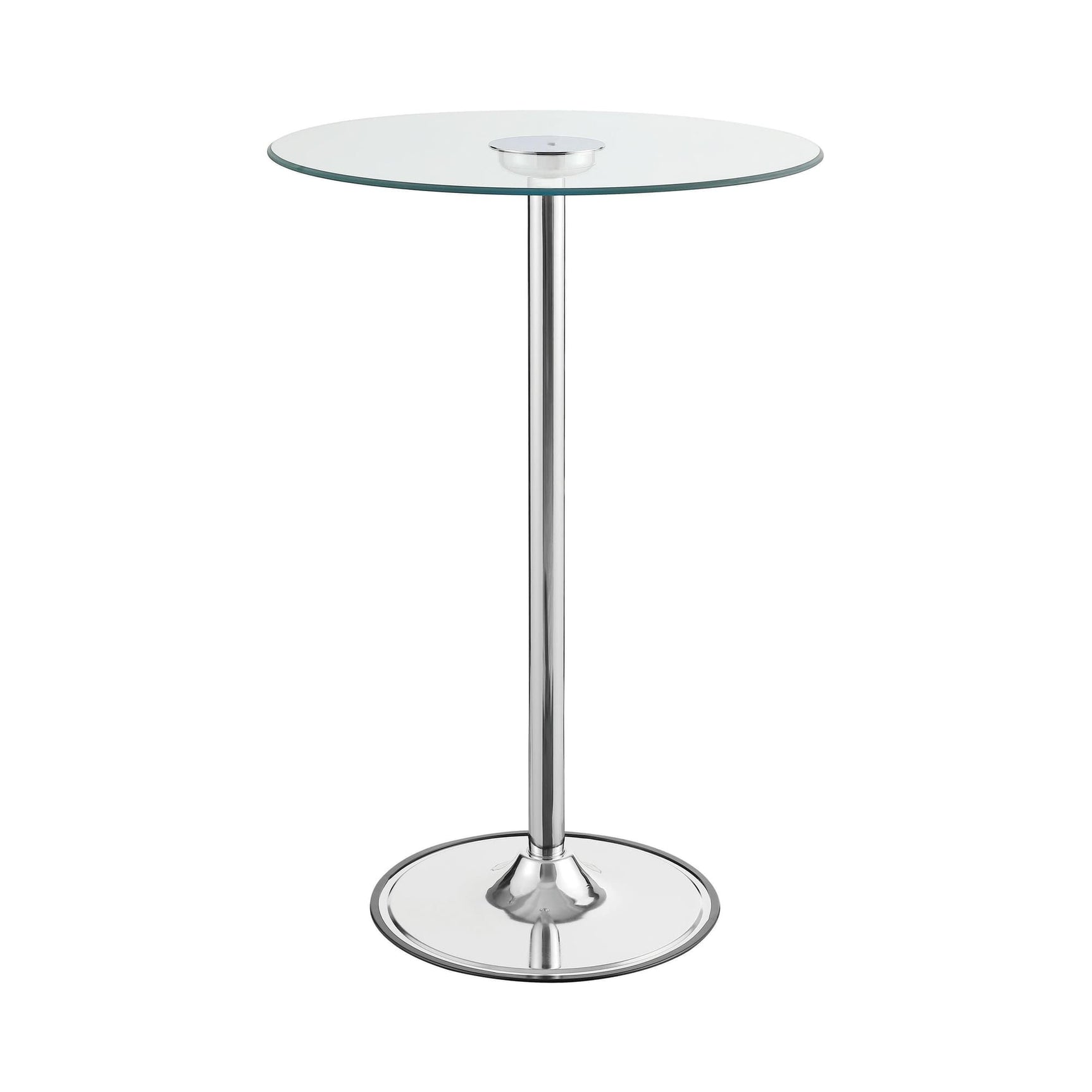 Thea LED Bar Table front view with chrome base and clear glass top