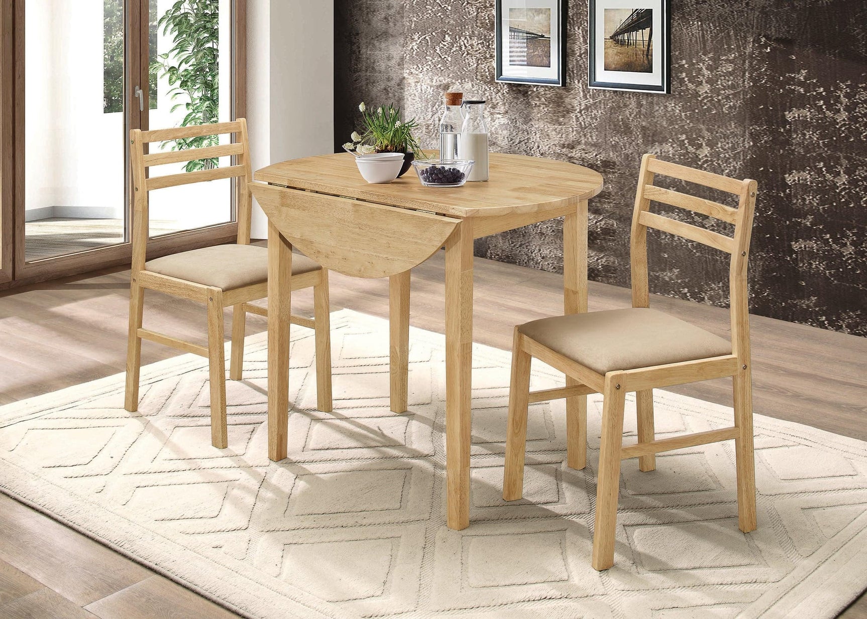Natural finish round dining table set, main view