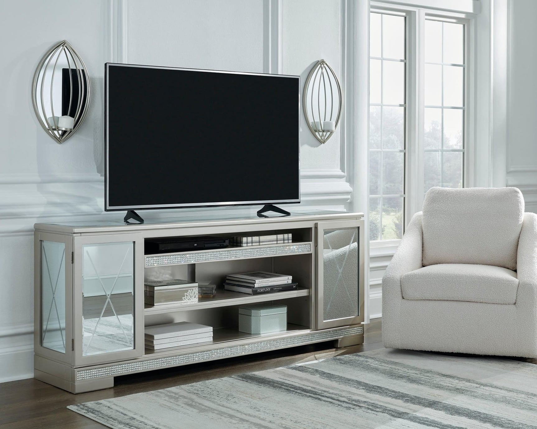 Flamory silver faux crystal TV stand front view showing mirror glass cabinet doors