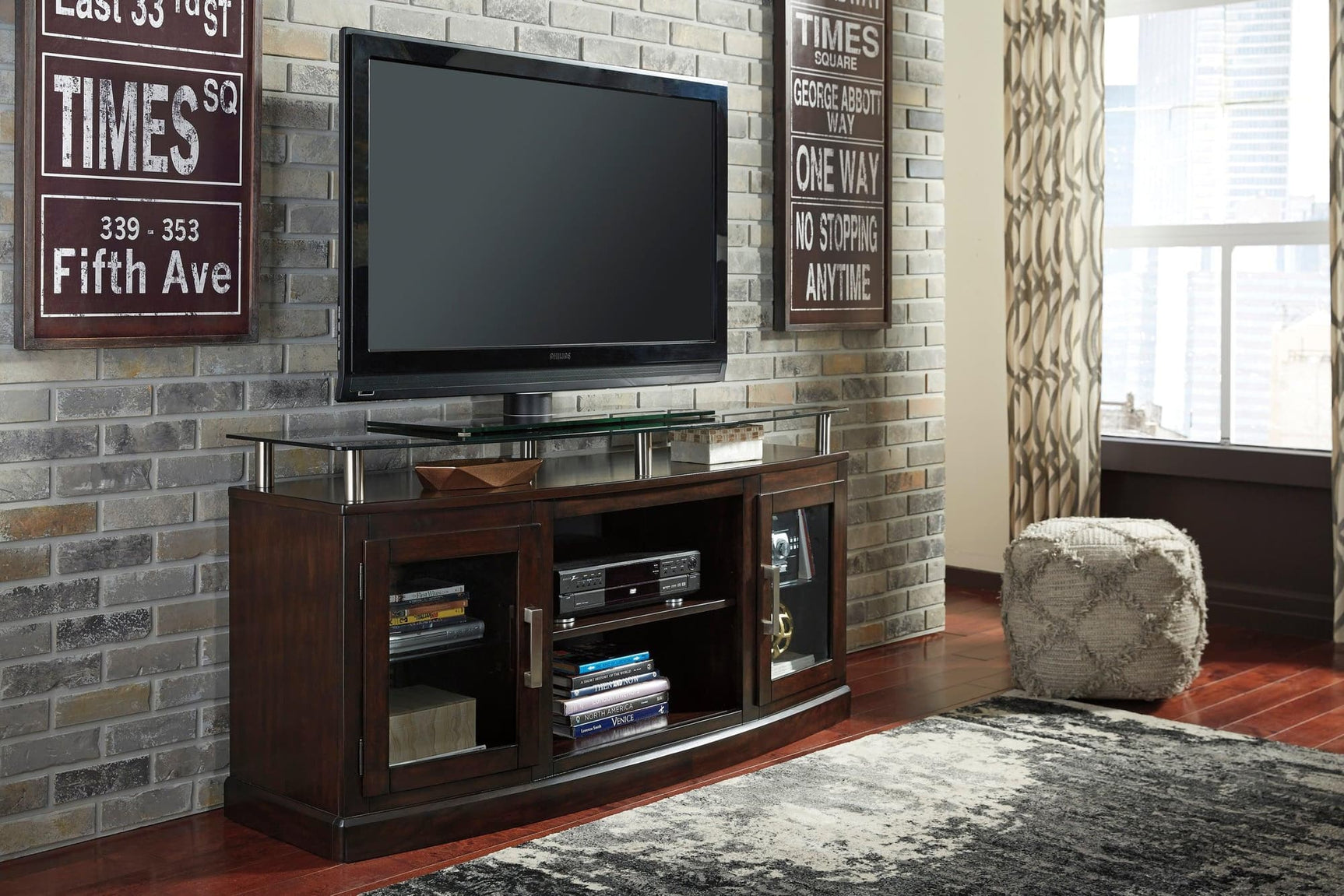Chanceen dark brown rustic solid wood TV stand with glass cabinet doors, angled view