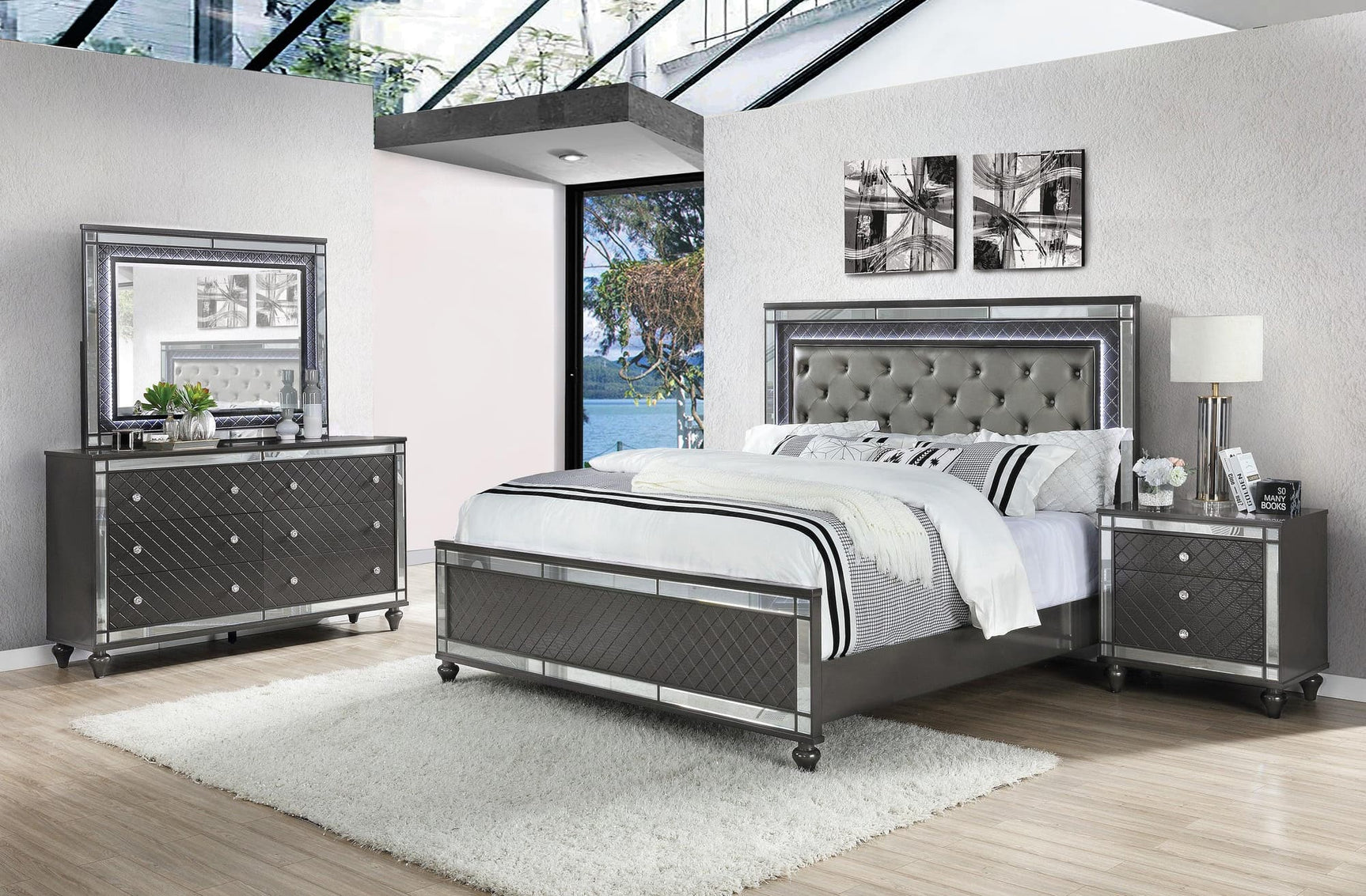 Refino Gray LED Upholstered Tufted Panel Bedroom Set side view bed