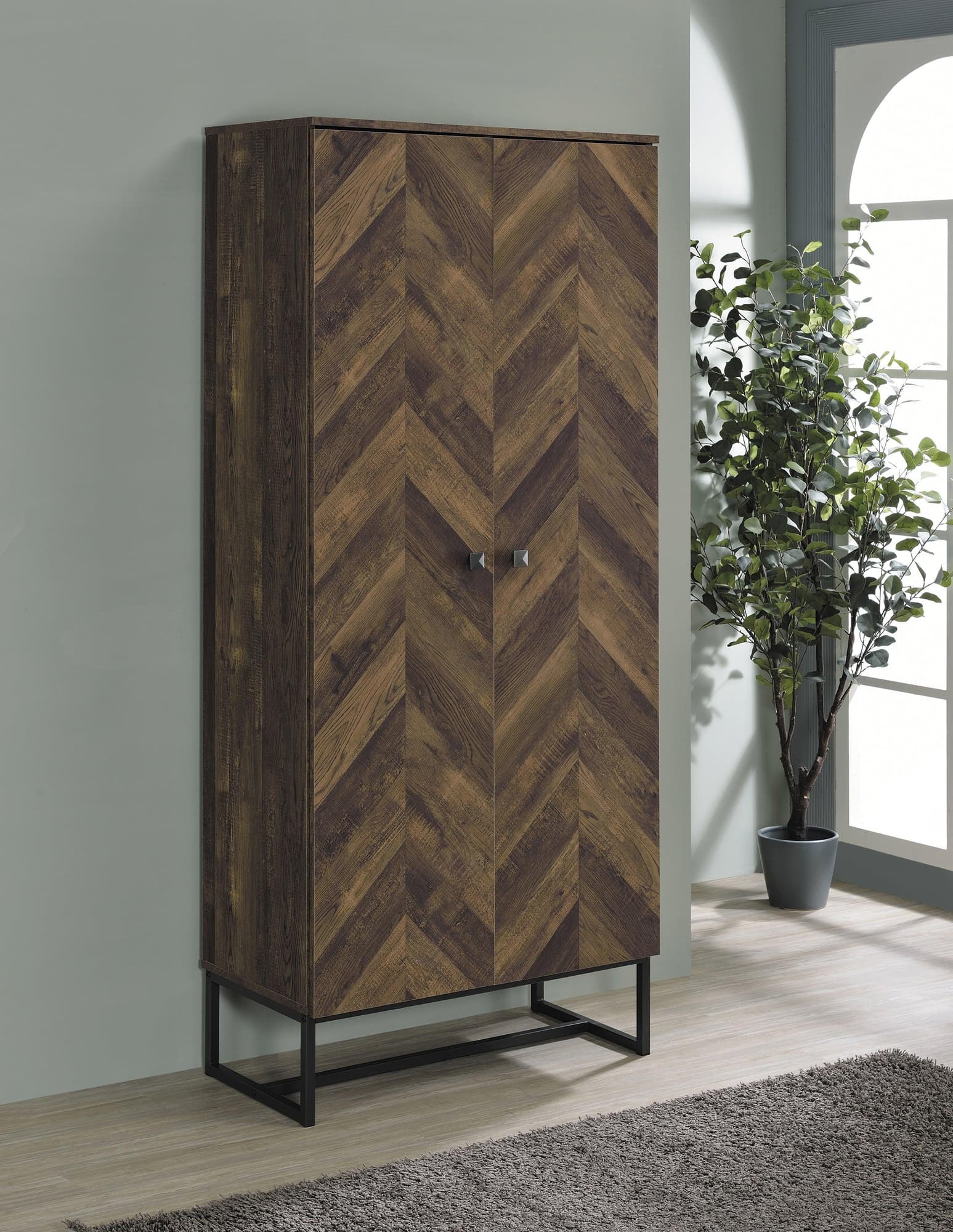 Carolyn 2-Door Rustic Oak Accent Cabinet with Gunmetal Base front view