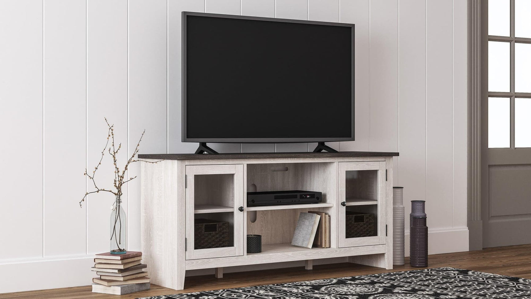 Dorrinson Antique White TV Stand with glass doors, angled front view