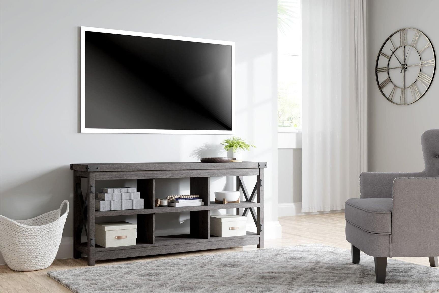 Freedan large grayish brown modern contemporary transitional wooden TV stand front view