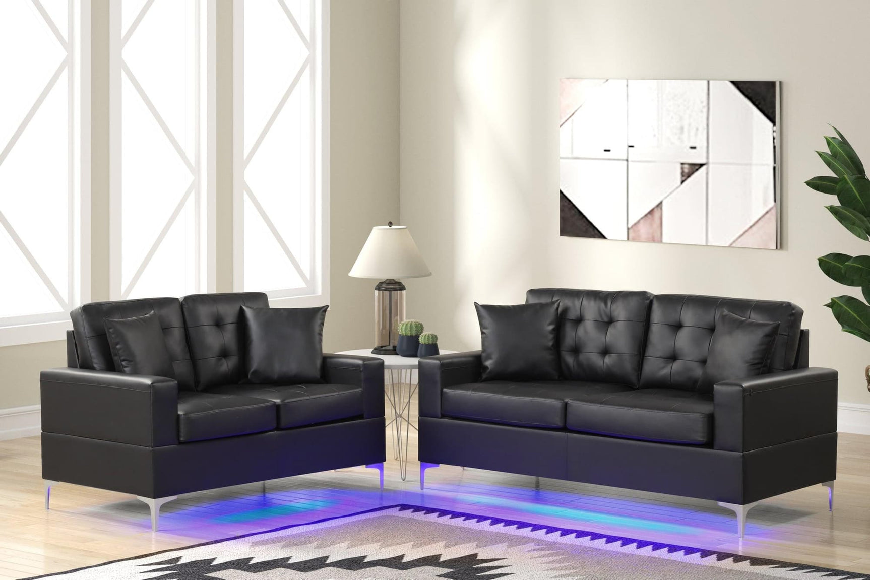 Miami black tufted faux leather sofa and loveseat set with LED lighting from front angle