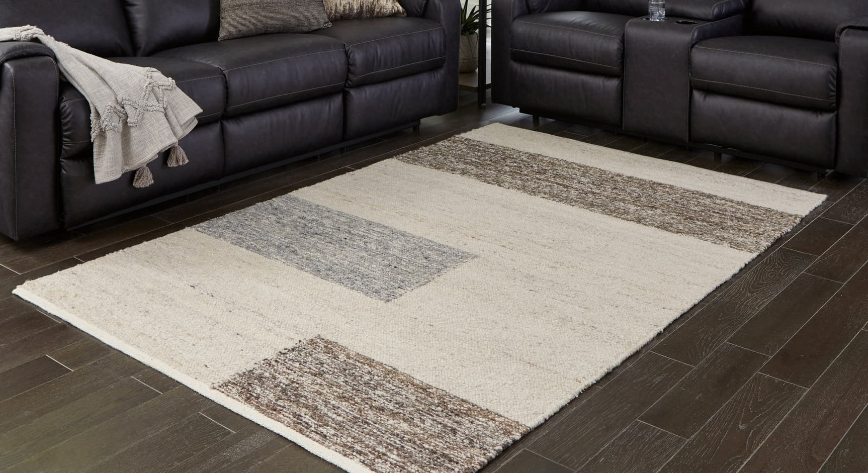 Barus 5x7 beige brown gray handwoven striped rug front view