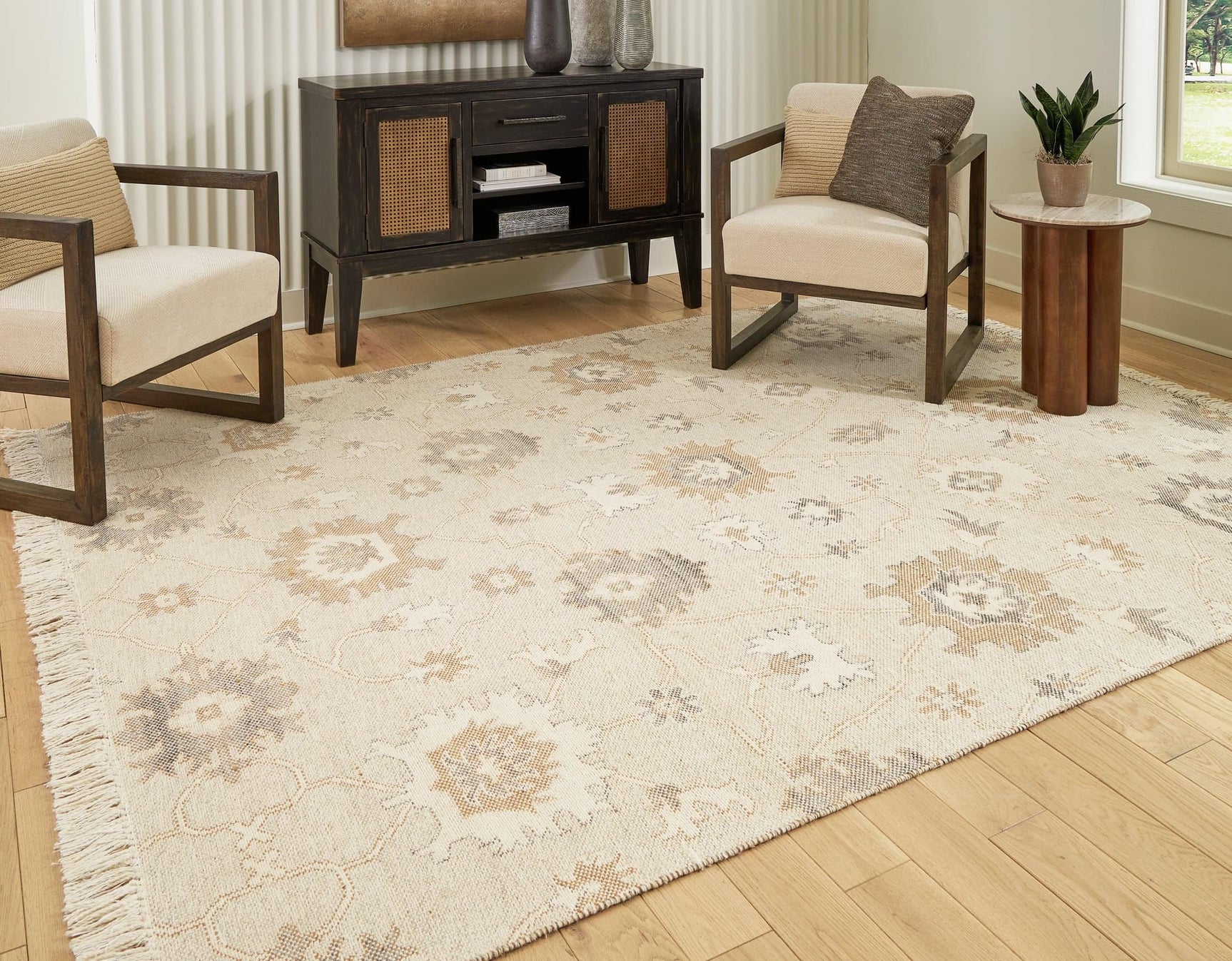 Calkin 8x10 rug in linen gray and caramel viewed flat