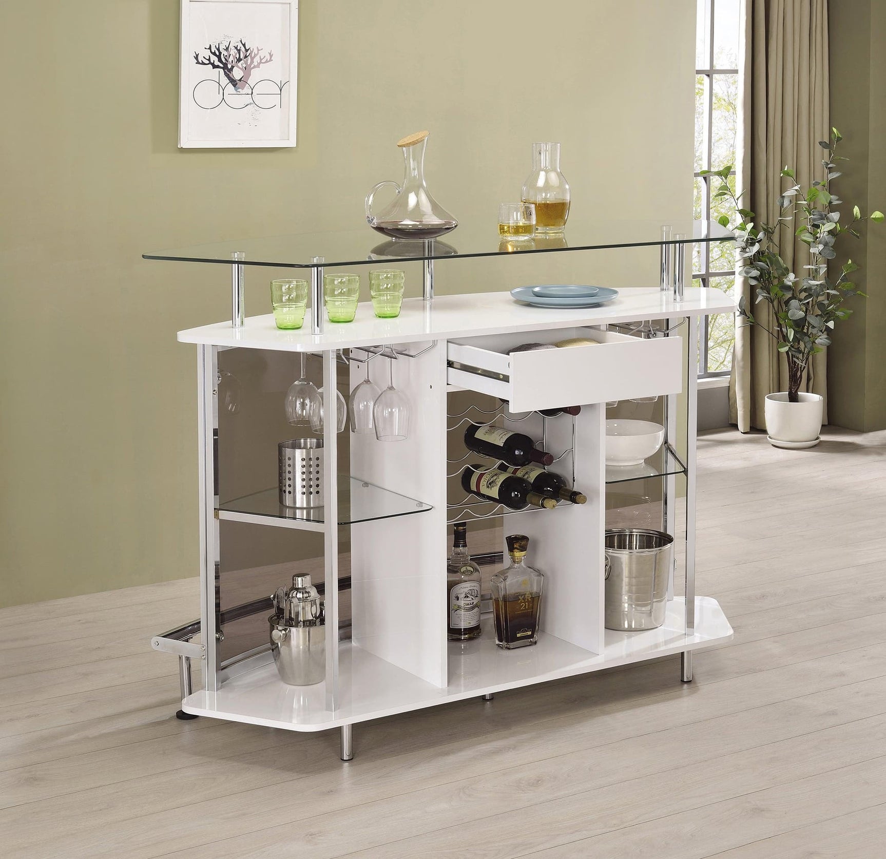 Gideon Crescent Shaped Glass Top Bar Unit with Drawer, front view