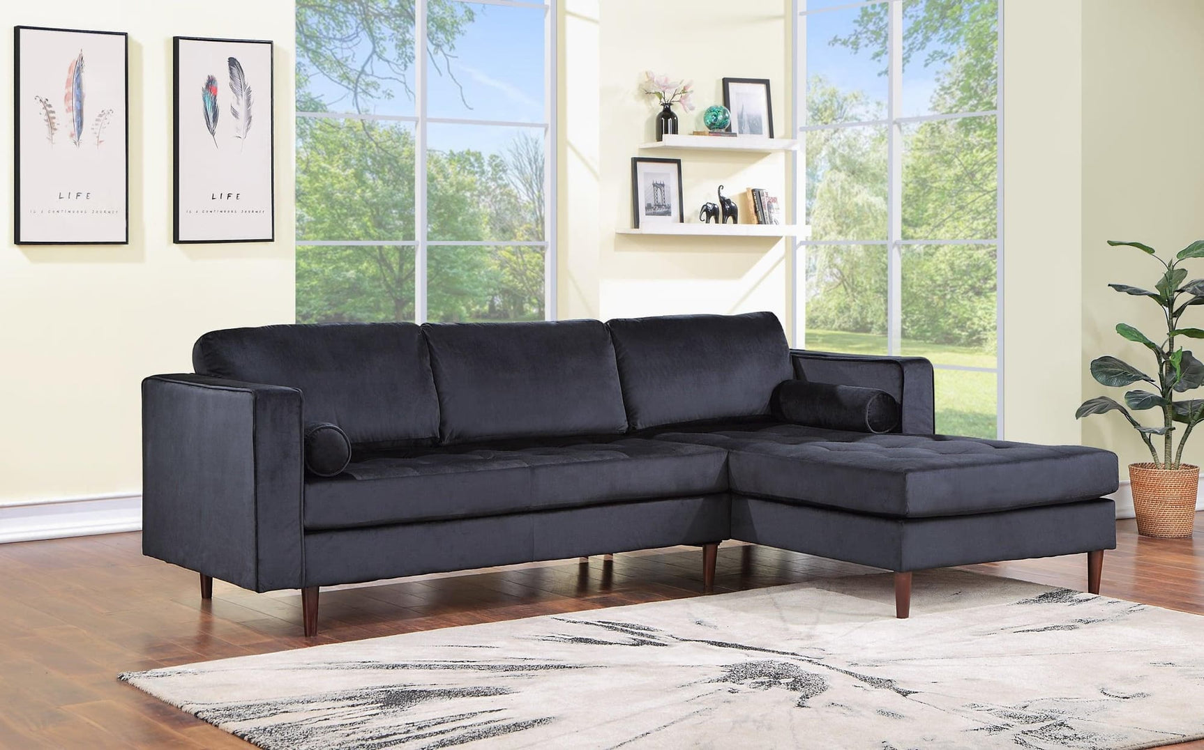Roxy Black Velvet Sectional Sofa front angle view