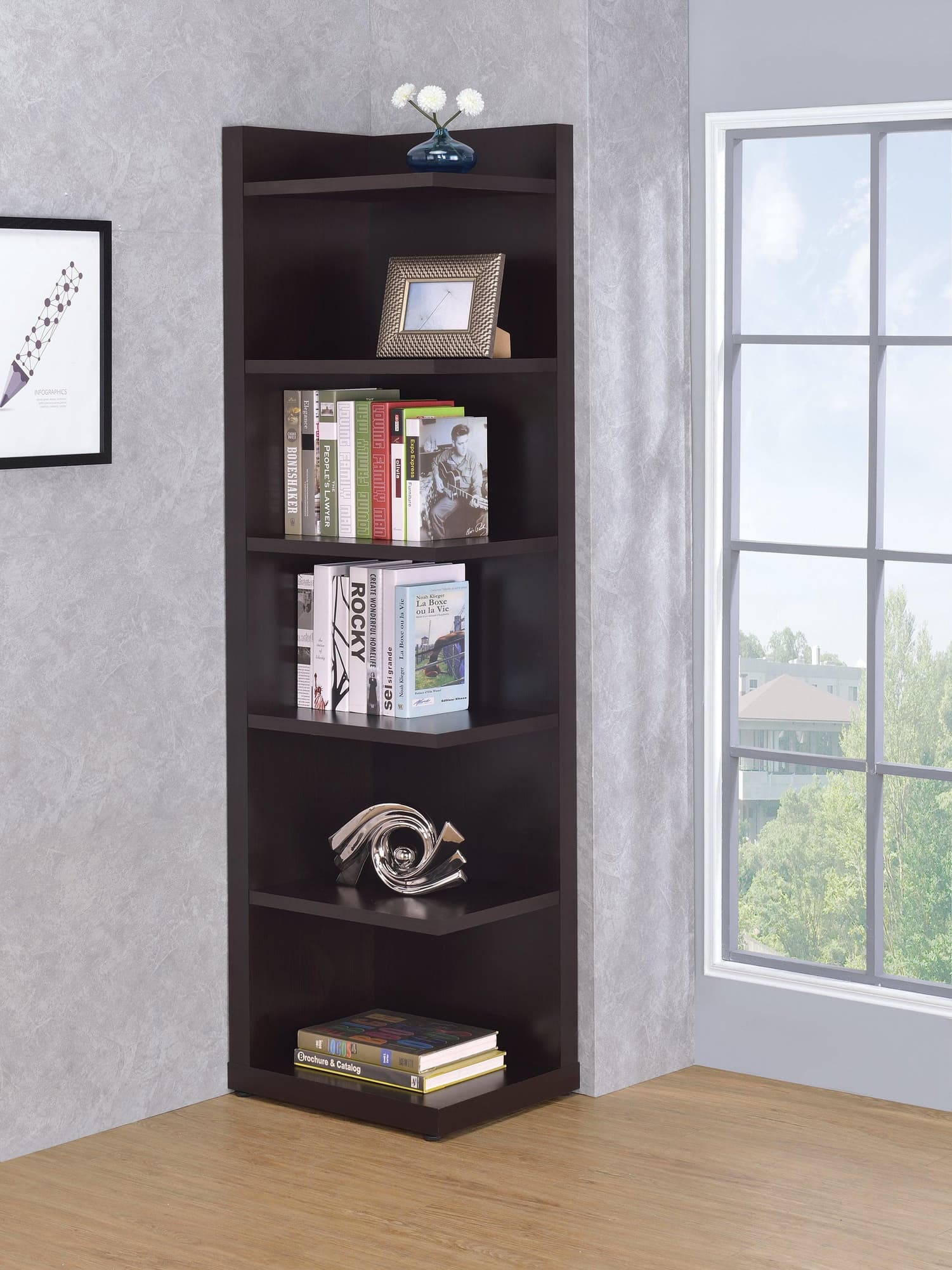 Pinckard 6-Tier Cappuccino Corner Bookcase front view