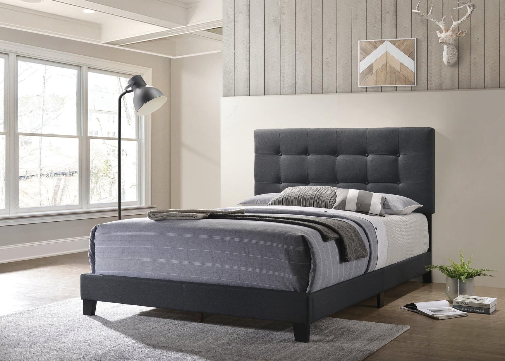 Mapes tufted upholstered queen bed in charcoal, angled side view