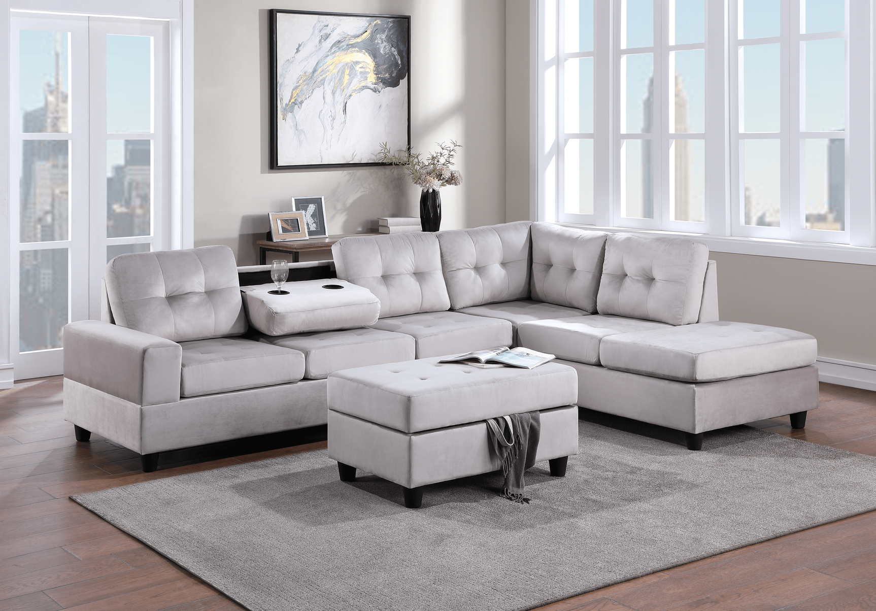 Heights silver velvet tufted reversible sectional sofa - main view with storage ottoman