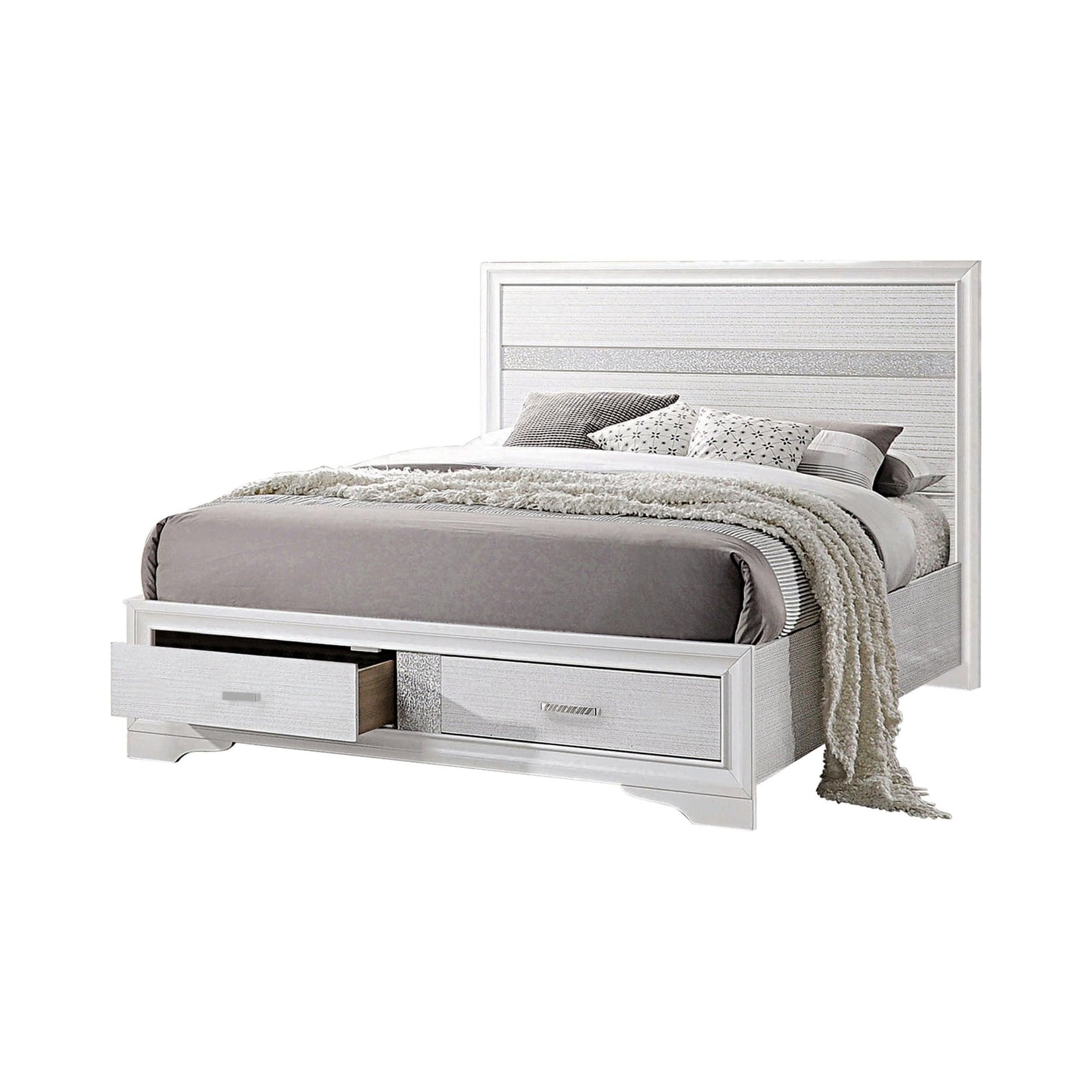Miranda Queen Storage Bed in white angled view showing headboard shelf