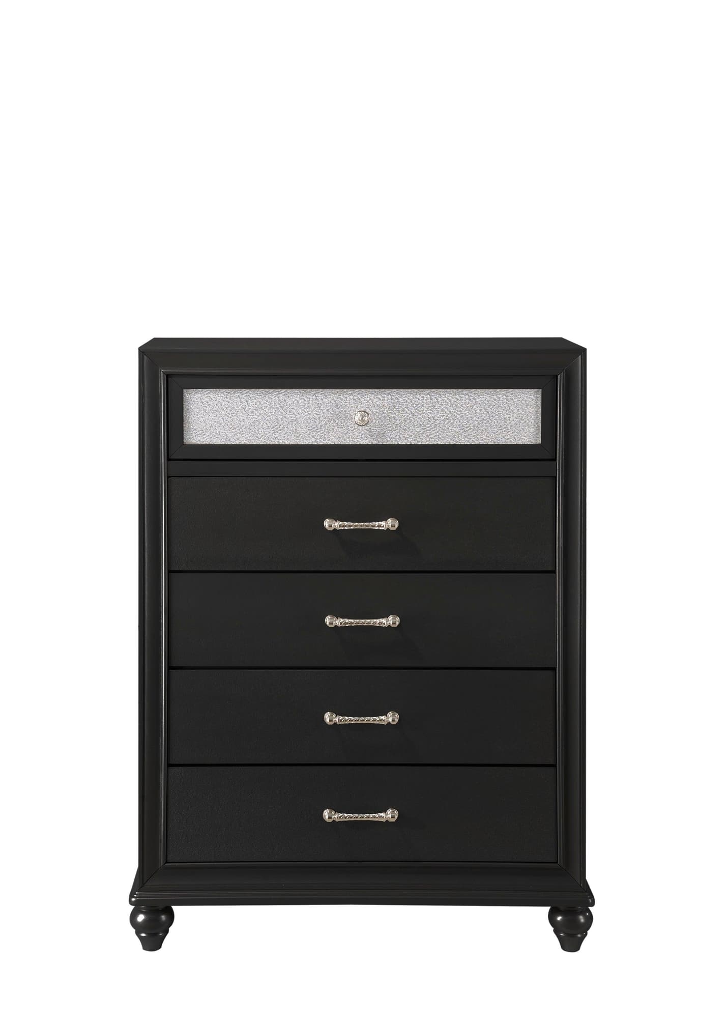 Lila Black 5-Drawer Chest front view showing drawers