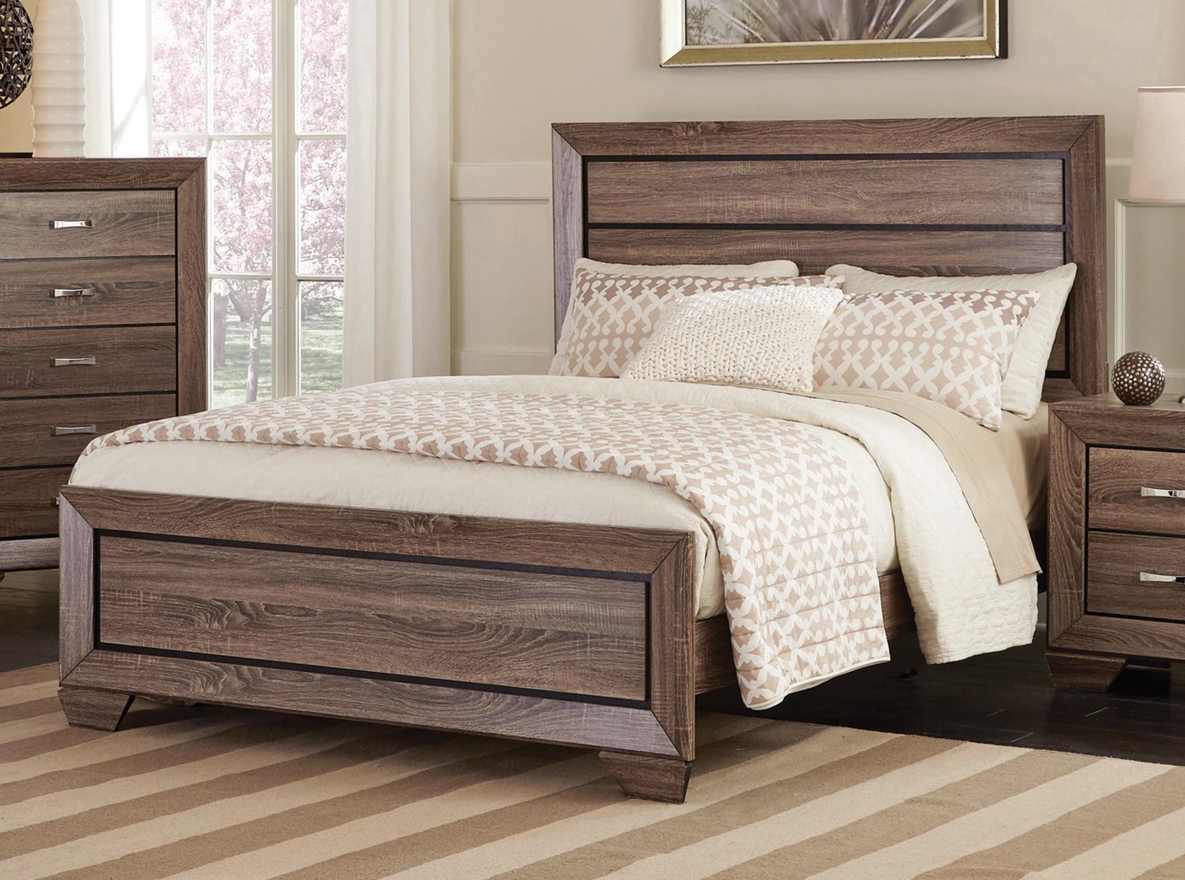 Kauffman Queen Washed Taupe Panel Bed angled front view
