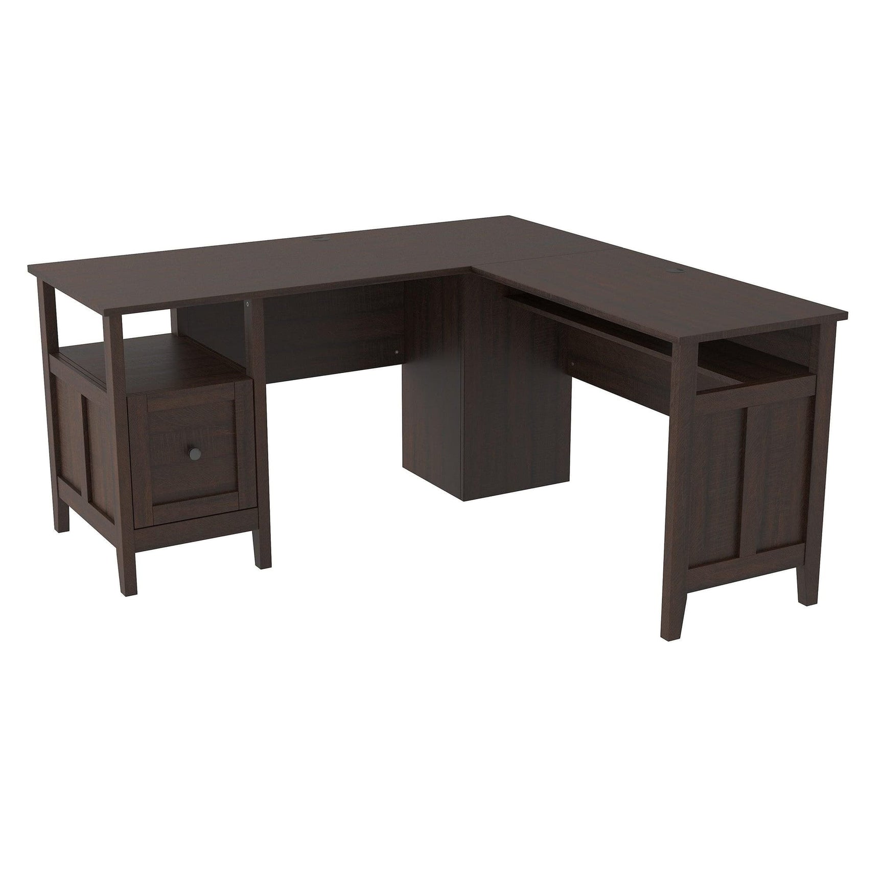 Dorrinson warm brown solid wood home office desk angled view showing drawers and surface