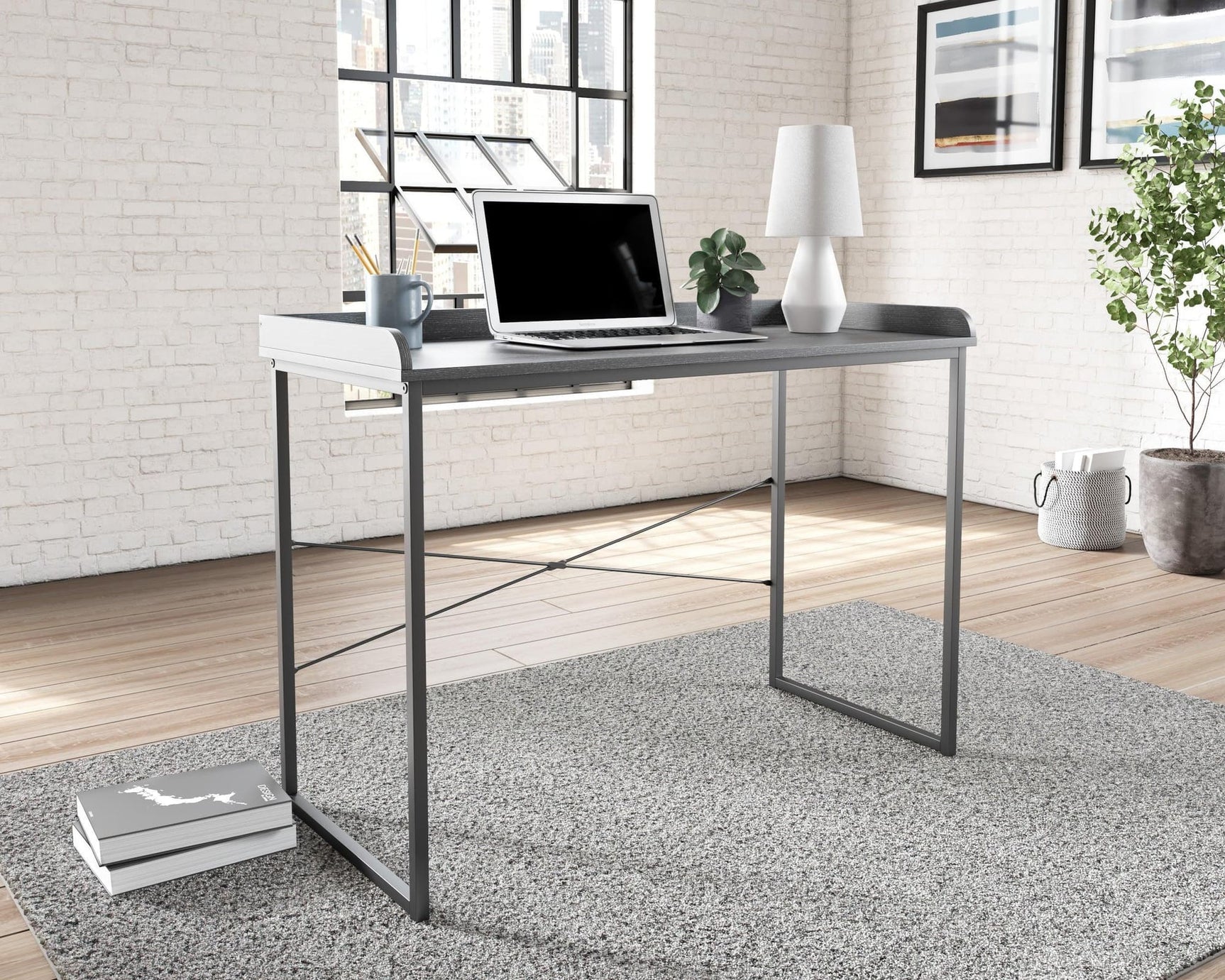 Yarlow Black Modern Computer Home Office Desk front angle with drawers visible