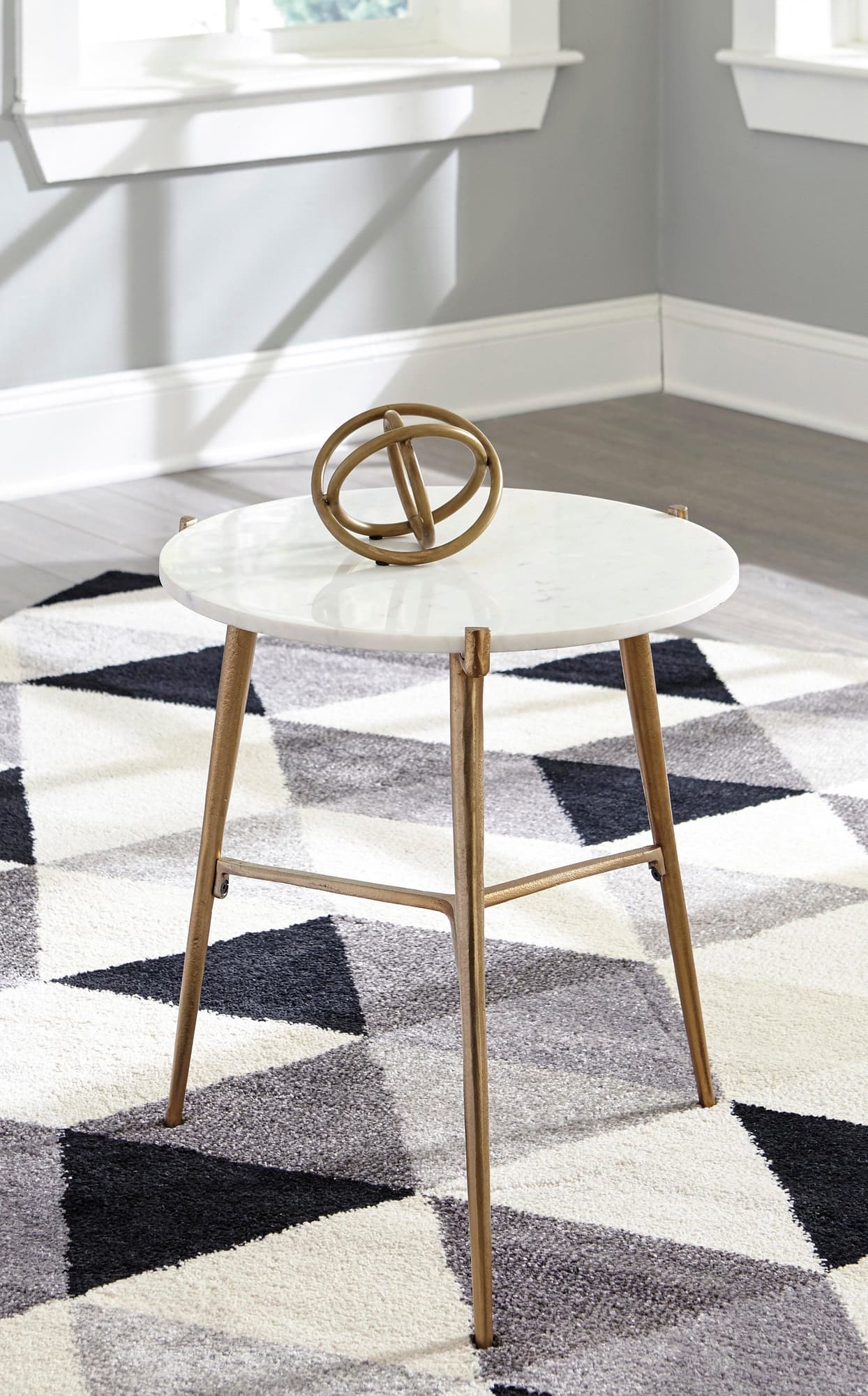 Chadton white and gold round accent table with marble top and storage